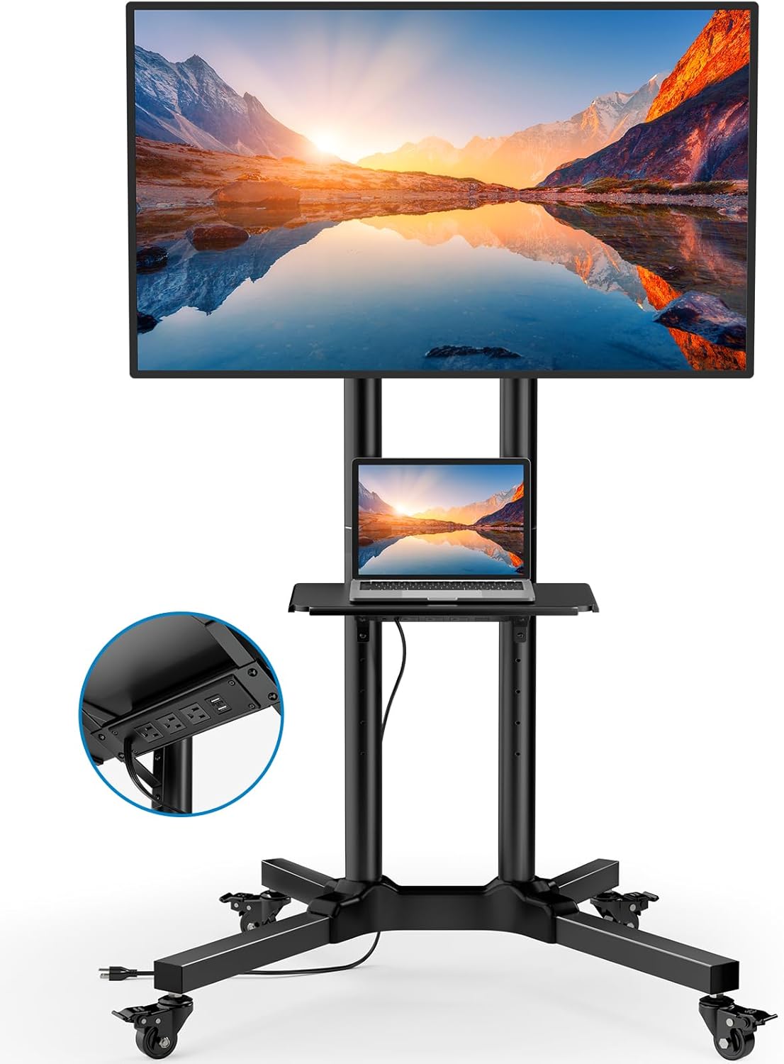 HUANUO Rolling TV Stand with Power Outlet for 32-85 Inch Flat/Curved LED TVs, Tilt TV Cart with Adjustable Shelf, Mobile TV Stand on Wheels Holds up to 132 lbs Max VESA 600x400mm, HNTVMC01