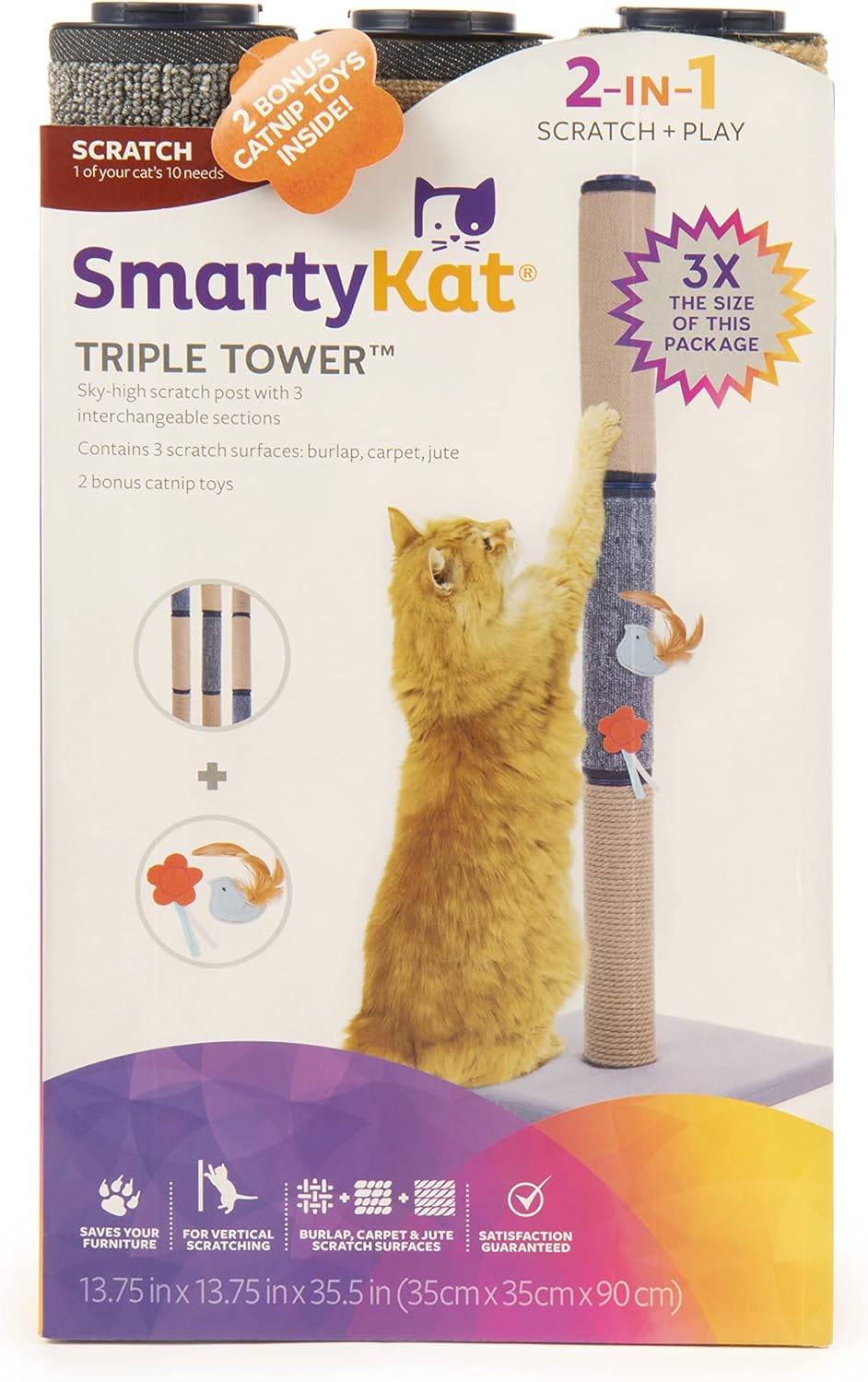 SmartyKat Triple Tower 3-Piece Interchangeable Cat Scratching Post, Includes 2X Catnip Toys - Gray, One Size