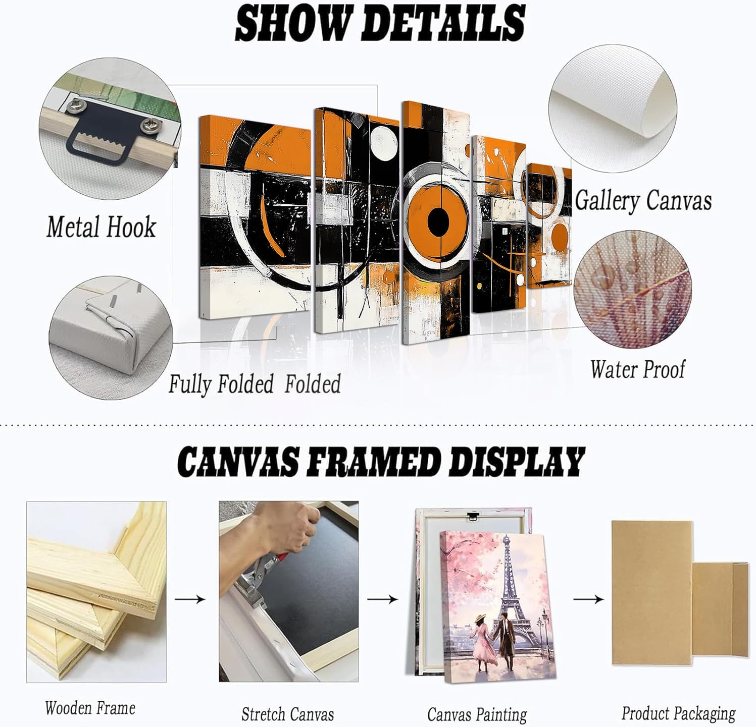 CXHOSTENT Orange Abstract Wall Art 5 Panel Orange Grey Black Painting Canvas Prints Large Artwork for Bedroom Living Room Office Decor Framed (White, 8x14inx2 8x18inx2 8x22inx1)