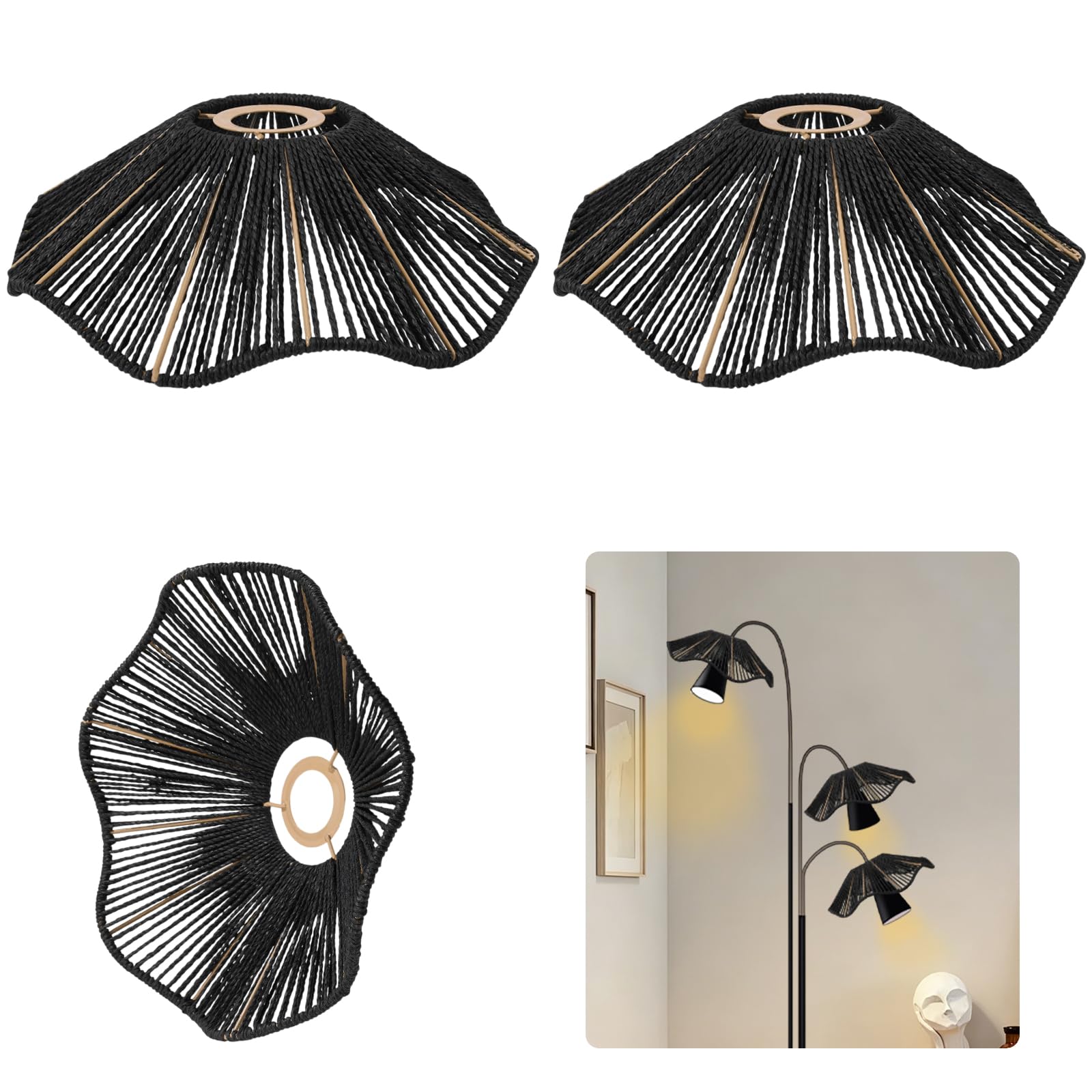 3 paralumi in rattan a forma di conchiglia, in carta intrecciata e ferro, stile bohémien, per soggiorno, camera da letto, cucina, sala da pranzo, 29,5 x 29,5 x 9,35 cm, nero