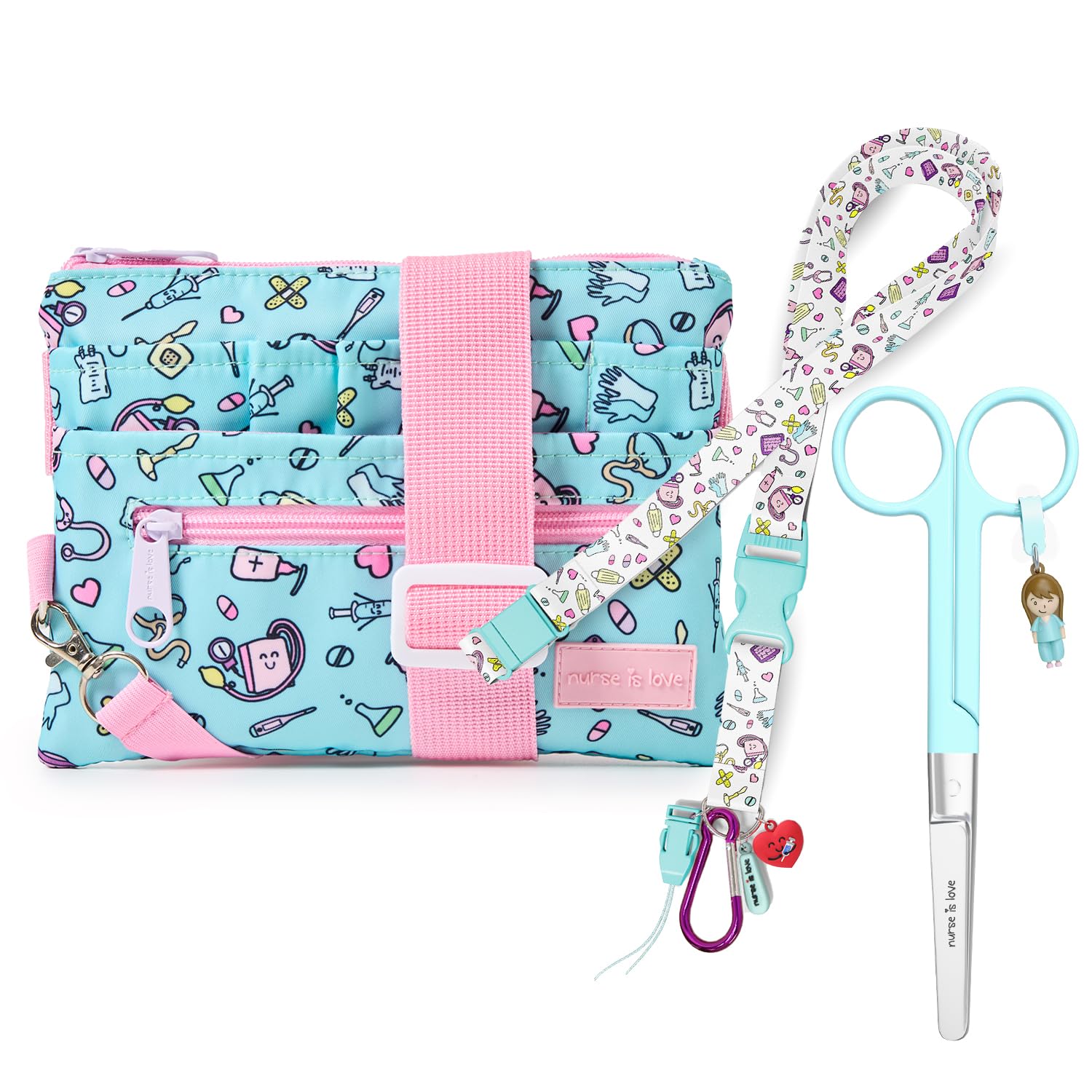 Nurse is Love Regalos Enfermera Original Y TCAE Set (3uds).| Riñonera + Lanyard Ideal para Enfermera + Tijeras Enfermeria Mayo con Mosqueton + Estuche de Presentacion | Accesorios - AQUA