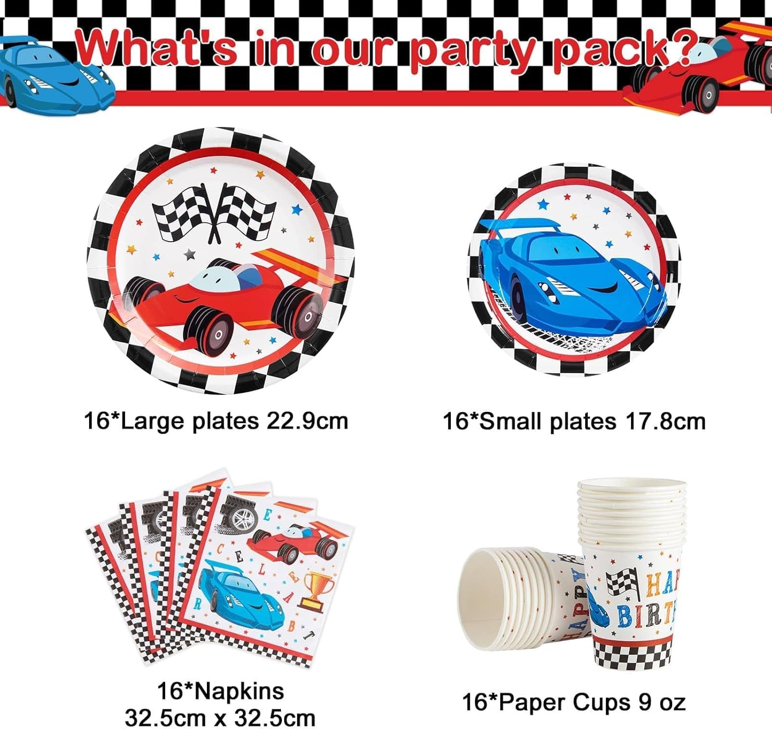 WERNNSAI Race Car Party Decorations - 64 PCS Car Plates Napkins Cups Black and White Checkered Themed Dinnerware for Kids Boys Two Fast irthday Supplies Favors Serves 16 Guests - Image 2