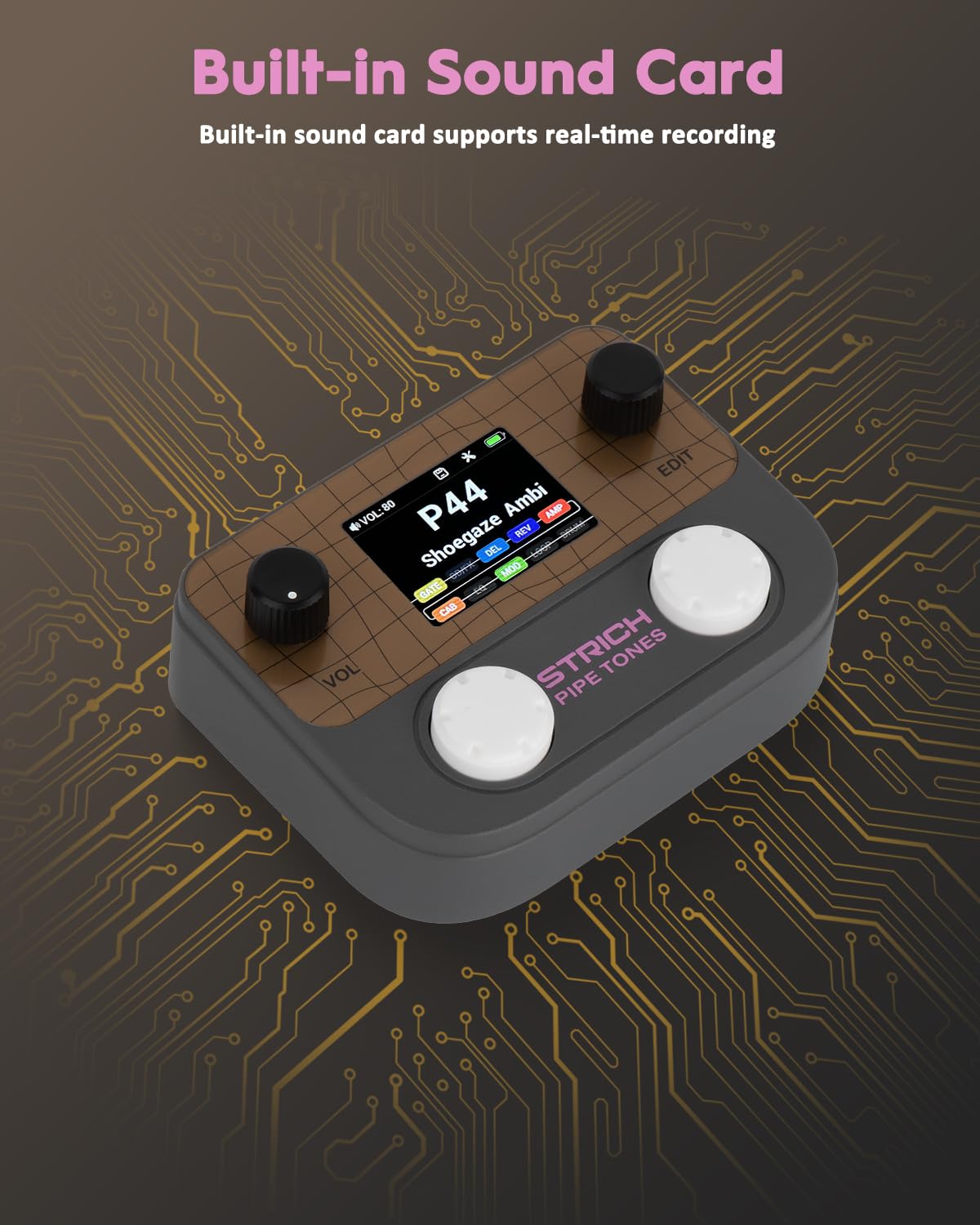 STRICH Pipe Tones Pocket Multi-Effects Processor per chitarra e basso con pedale 10 moduli effetto 125 effetti Looper 40s 100 pattern di batteria Interfaccia audio USB Controllo wireless(Grigio scuro)