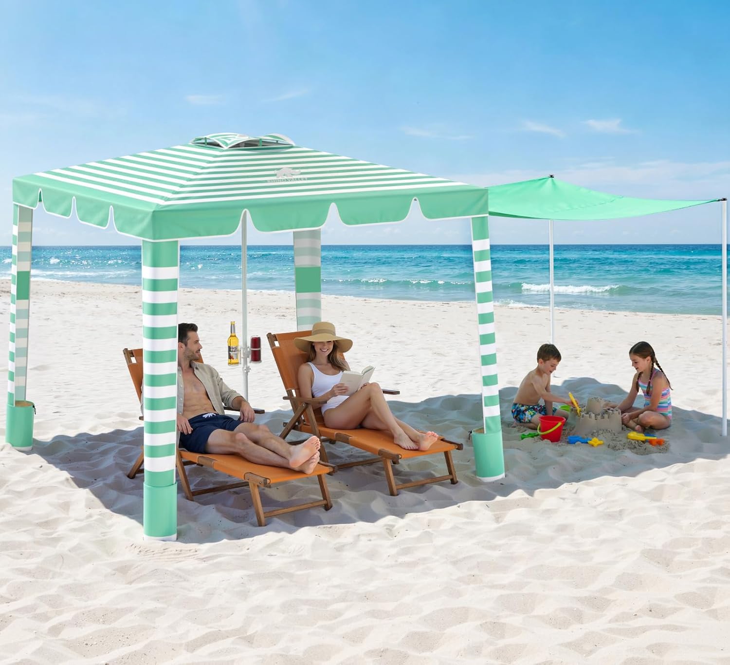 Rhino Valley Beach Cabana, 120 Sq. Ft Beach Canopy UPF50+ Protection, Easy Setup & Adjustable Height Beach Tent Sun Shelter with Cup Holder, Portable for 4-8 People, Light Green & White Stripes