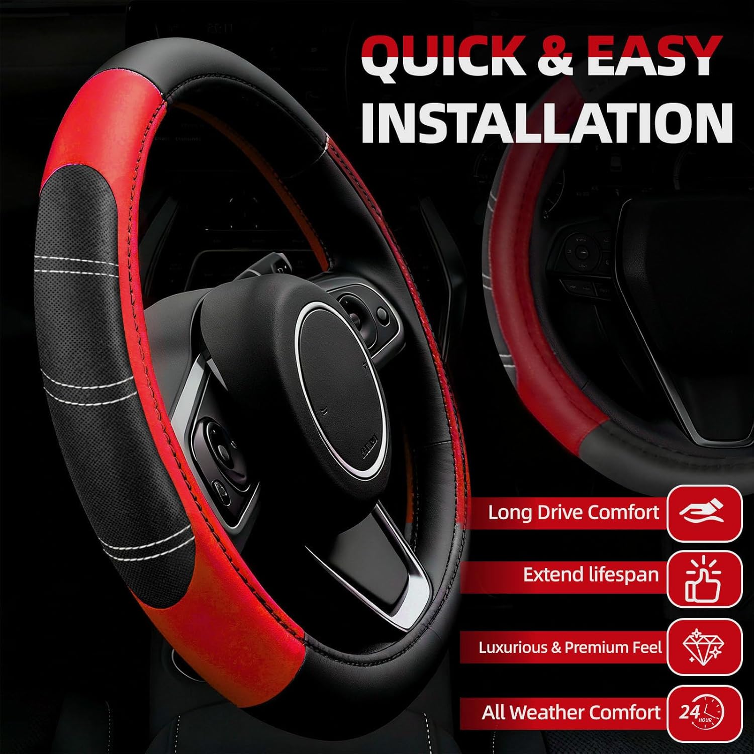 NBTEPEM 6 Pcs Red Car Accessories Set, Sport Leather Steering Wheel Cover 14.5-15inch Universal, Microfiber Leather Car Center Console Cover, Seat Belt Cushion, Cup Holder Coaster (Black-Red) - Image 2