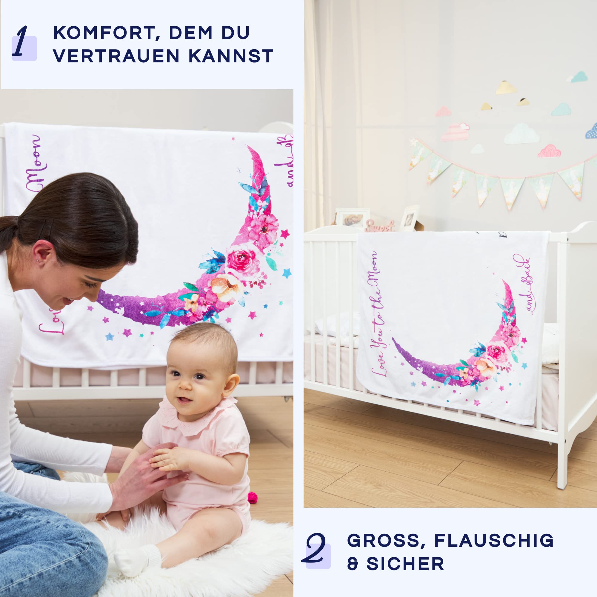 Luka&Lily Baby Meilenstein Decke 150 x 100 cm Rosa Mond Blumen Motto