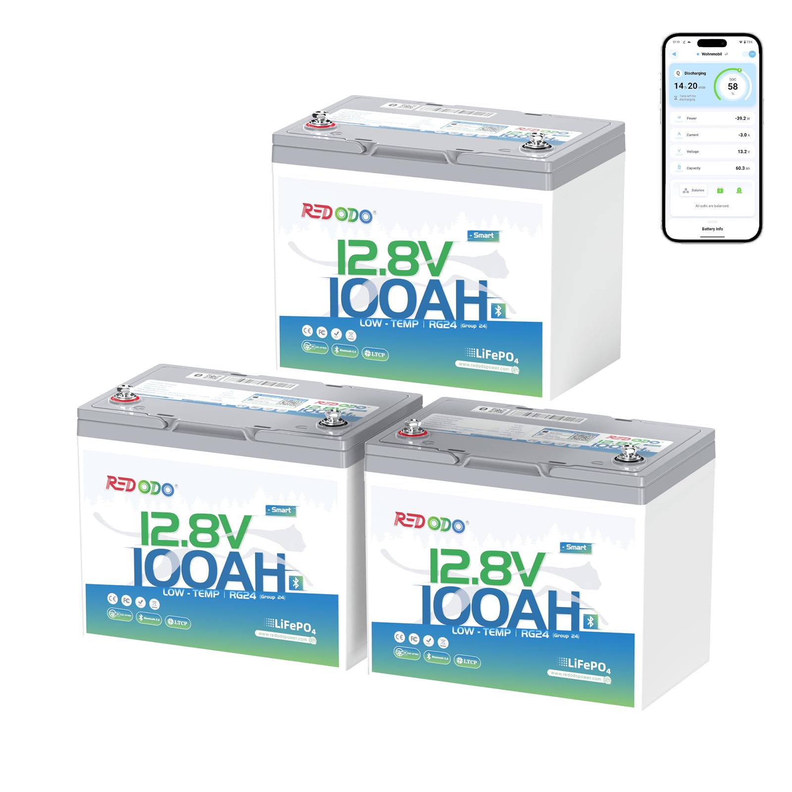 Redodo 12V 100Ah LiFePO4 Battery Bluetooth, Low-Temp Protection BCI Group 24 Lithium Battery for Trolling Motor, Bulit-in 100A Smart BMS, Perfect for Marine, Boat, RV, Solar and Off Grid - 3 Pack