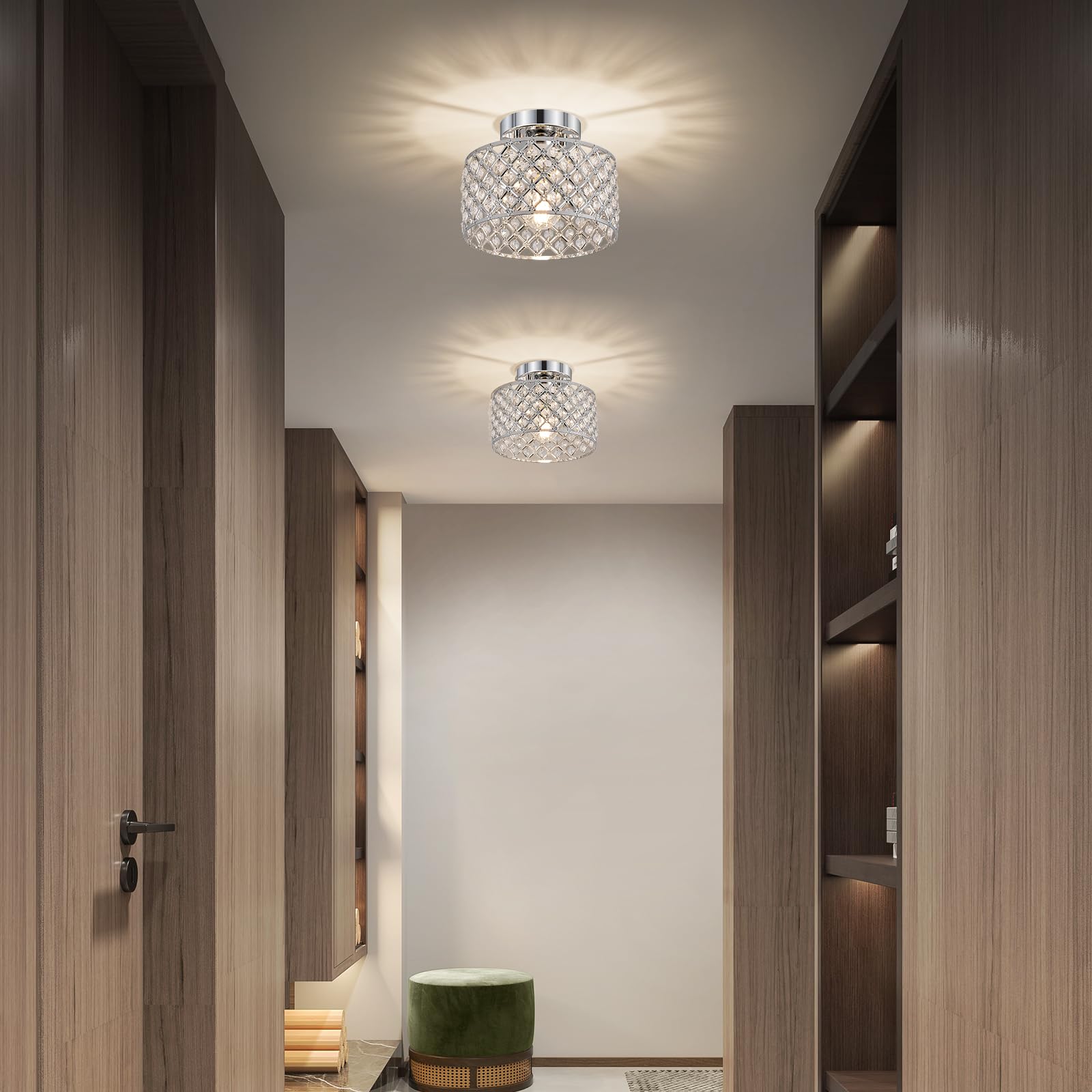Plafonnier en cristal chromé, plafonnier moderne semi-encastré, petit lustre rond pour couloir, entrée, buanderie, cuisine, chambre, foyer, salle de bain, 1 lumière, 22,9 cm