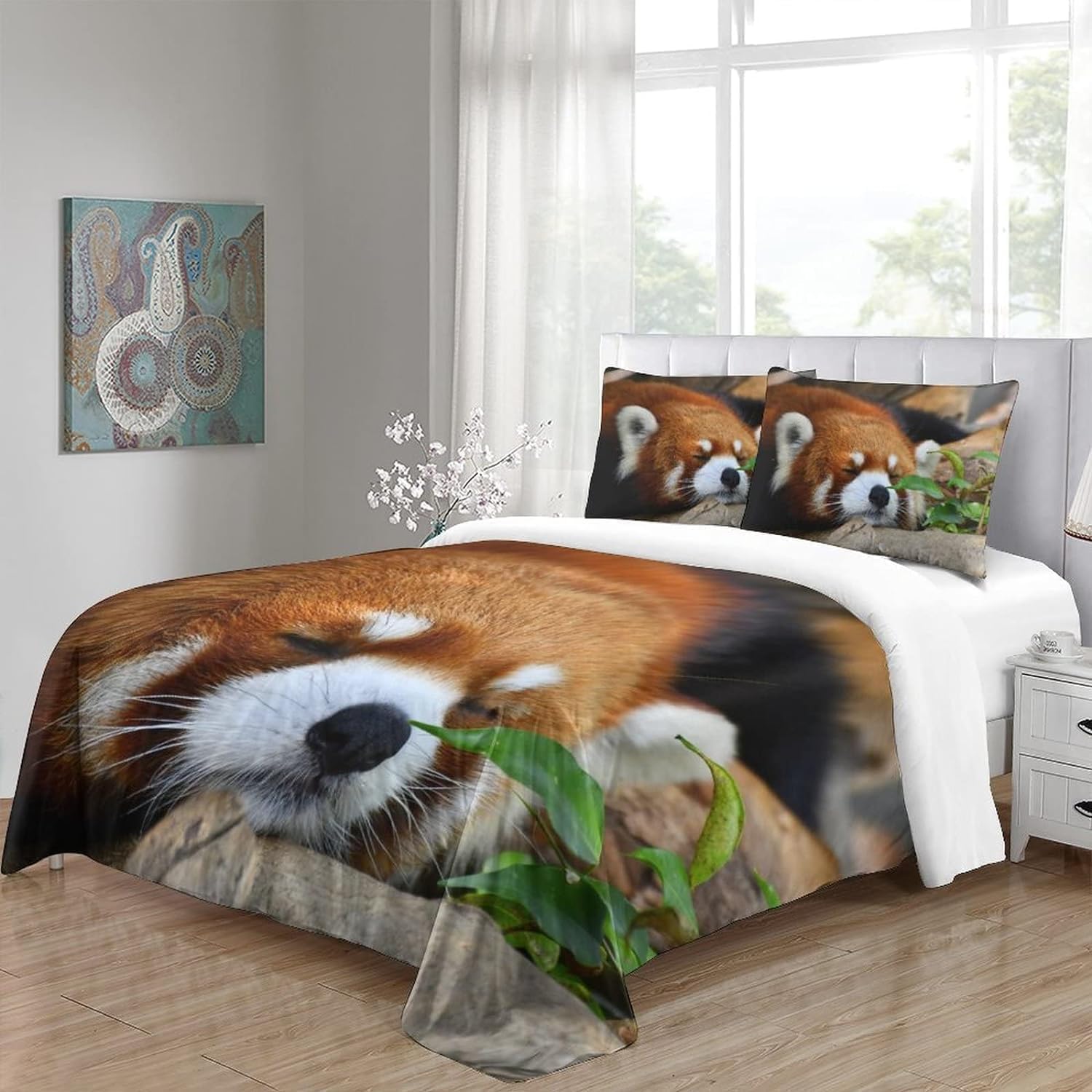 Pościel 220 x 240 cm, czerwona panda, miękka pościel z mikrofibry, poszewka na kołdrę z nadrukiem 3D, dzikie zwierzęta, 3-częściowy poszwa na kołdrę z zamkiem błyskawicznym i 2 poszewki na poduszkę 80