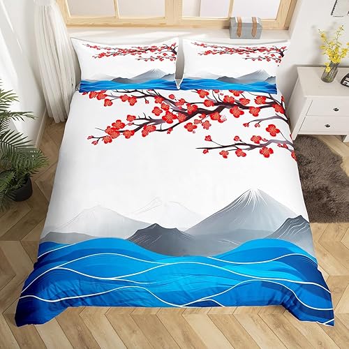 Erosebridal Ukiyoe - Juego de funda de edredón con temática de flor de cerezo, tamaño Queen, juego de funda de edredón de montaña Fuji Japón, juegos