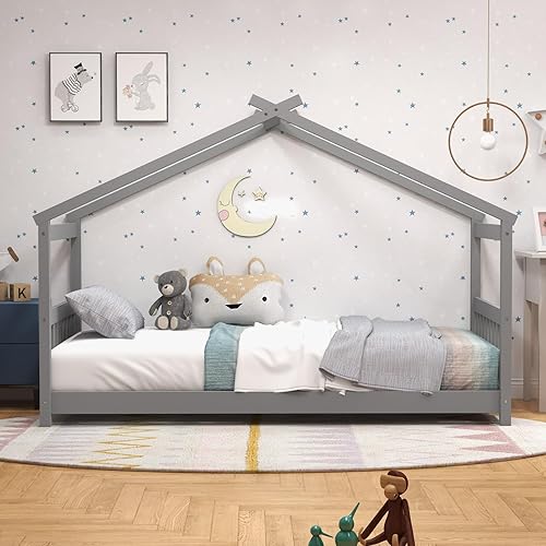 Miniatura 4 de KOMFOTT Cama individual de madera para niños, marco de cama de piso de perfil bajo con techo, cabecero y estribo, cama de tienda para niños