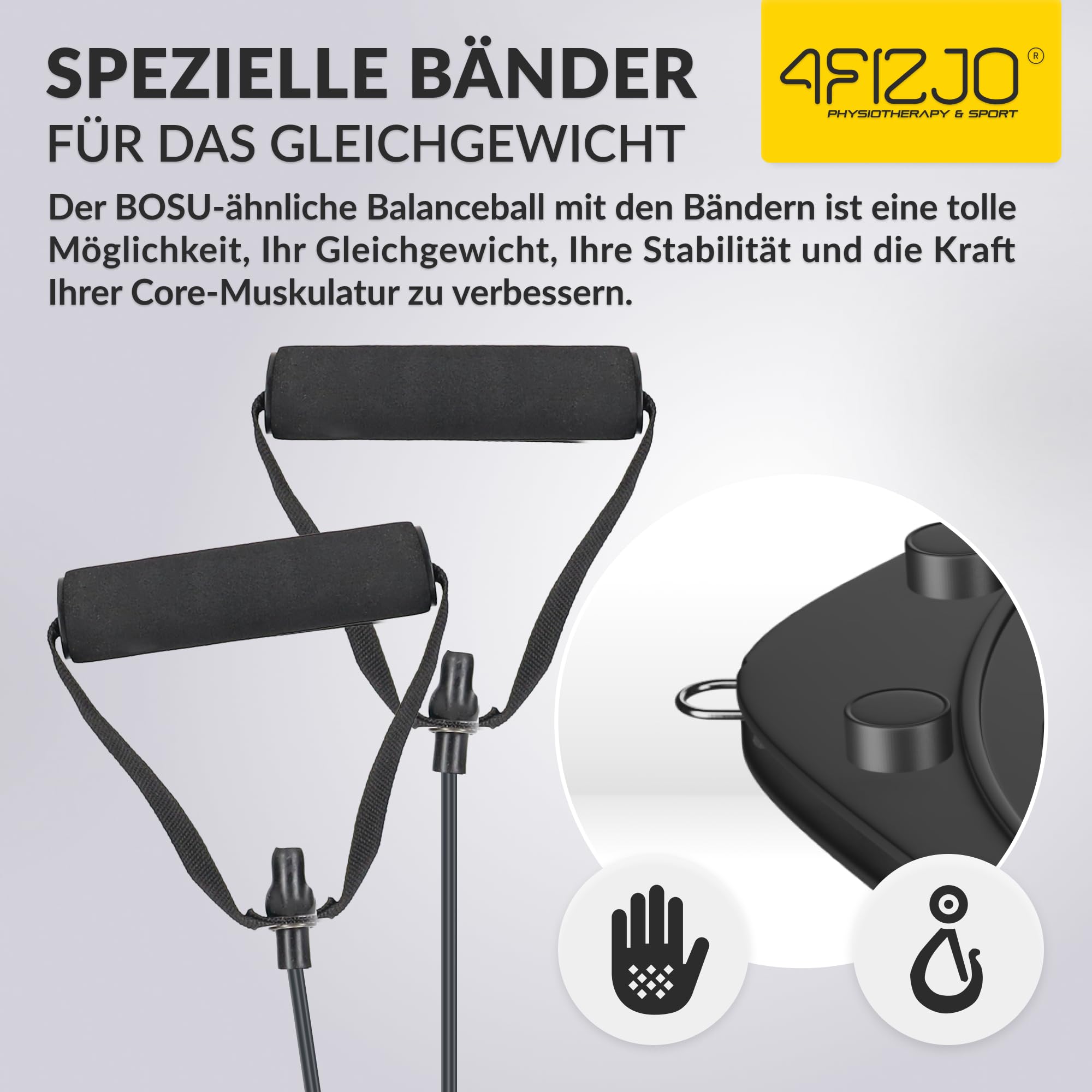 4FIZJO Balance Ball Trainer 60cm Anti-Rutsch, Halbkuge, Gymnastikball für Yoga Fitness, mit Widerstandsbändern, Pumpe, Gleichgewichtstraining, Krafttraining, Fitnessball