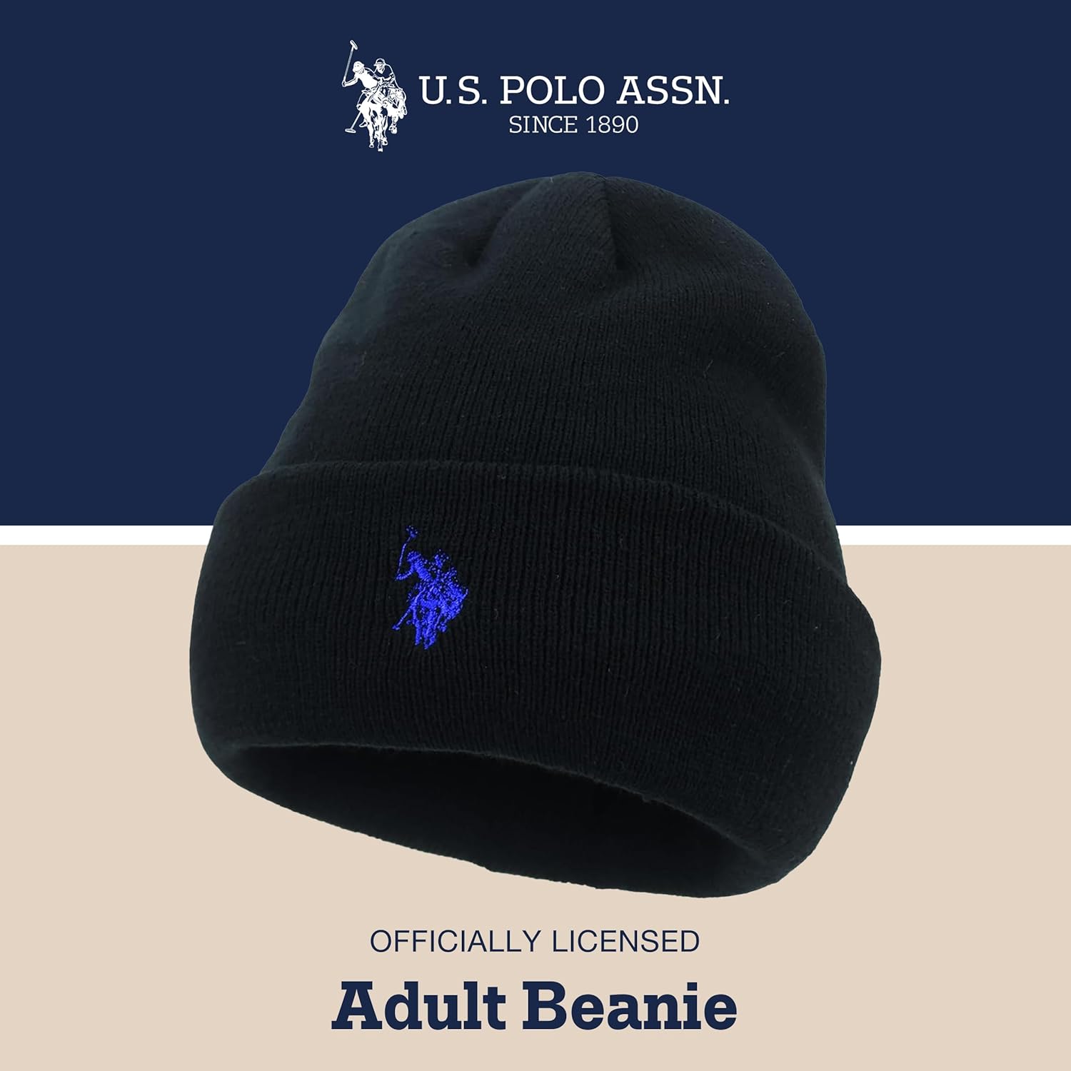 U.S Polo Assn. Beanie Hat, Adult Acrylic Knitted Winter Cap with Faux Fur Lining, Black, One Size - Image 2