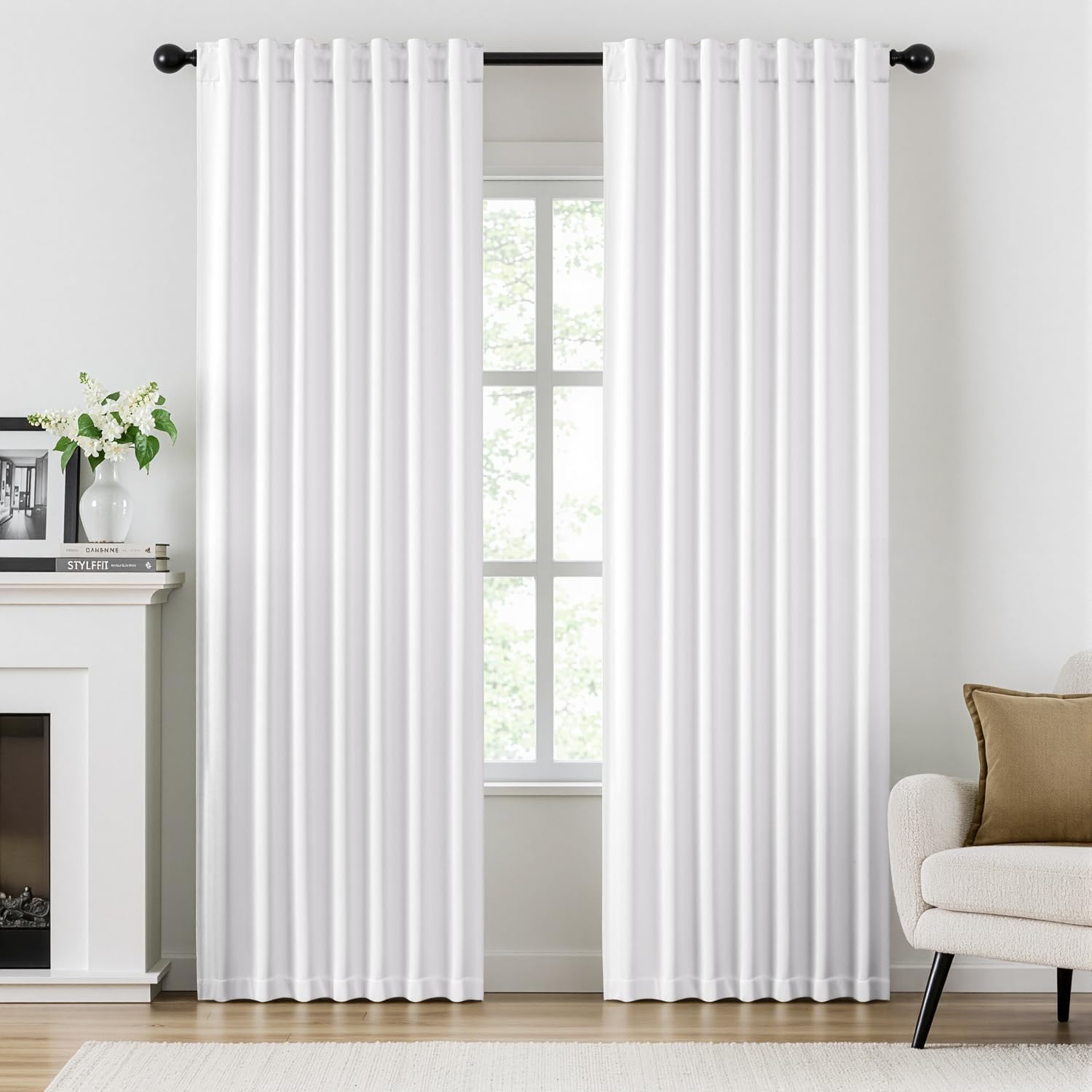 ANRODUO Rod Pocket and Back Tab Pleated Blackout Curtains with Hooks, Rings, White Curtains 84 Inches Long 2 Panels, Thermal Insulated Room Darkening Living Room Bedroom Curtain, 42x84 Inches