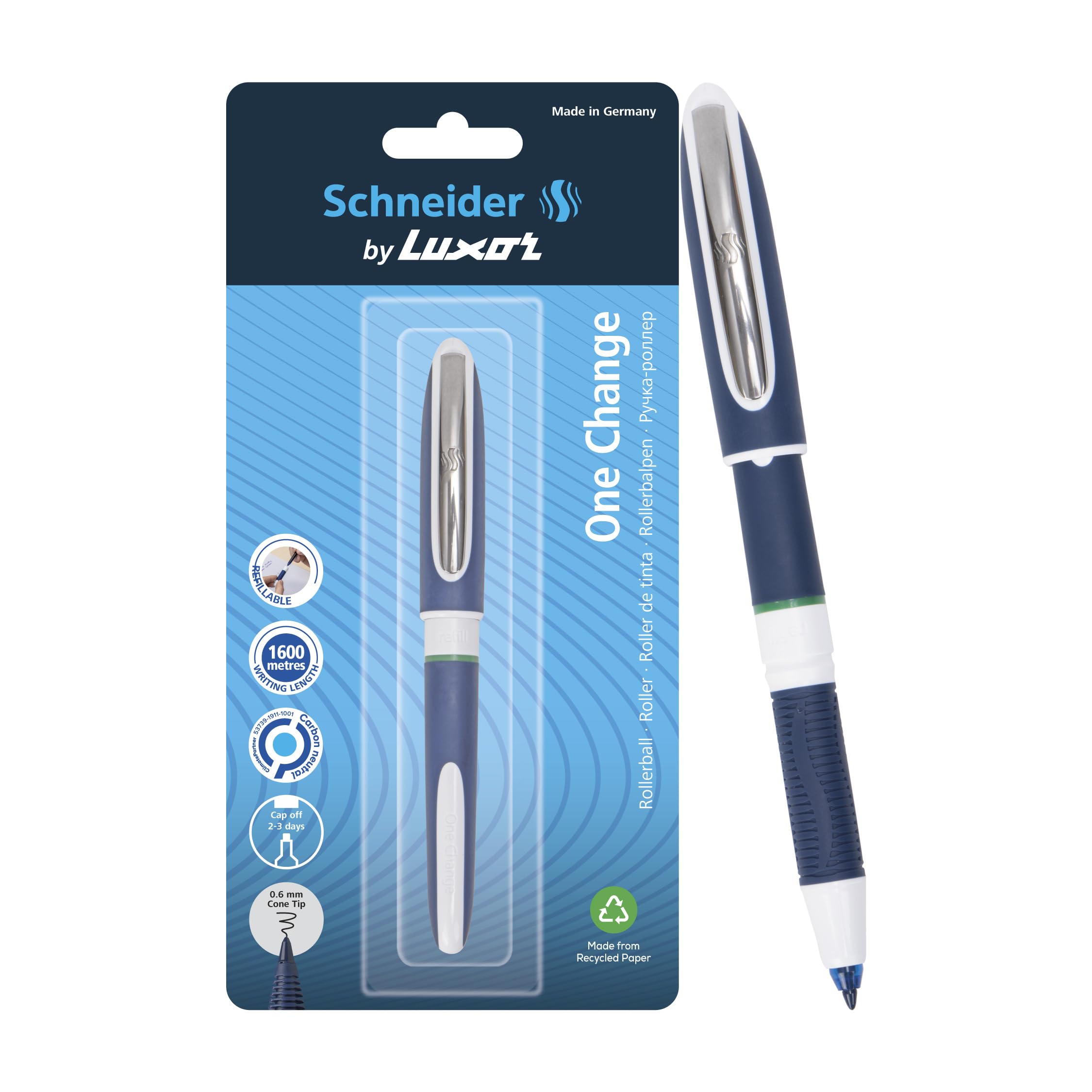 Schneider, One Change, Rollerball Pen, Pack of 1, Ink Colour- Green, 0.6 mm Cone Tip, Refillable Waterproof Ink, 1600 Metres Writing Length, Ideal For Professionals