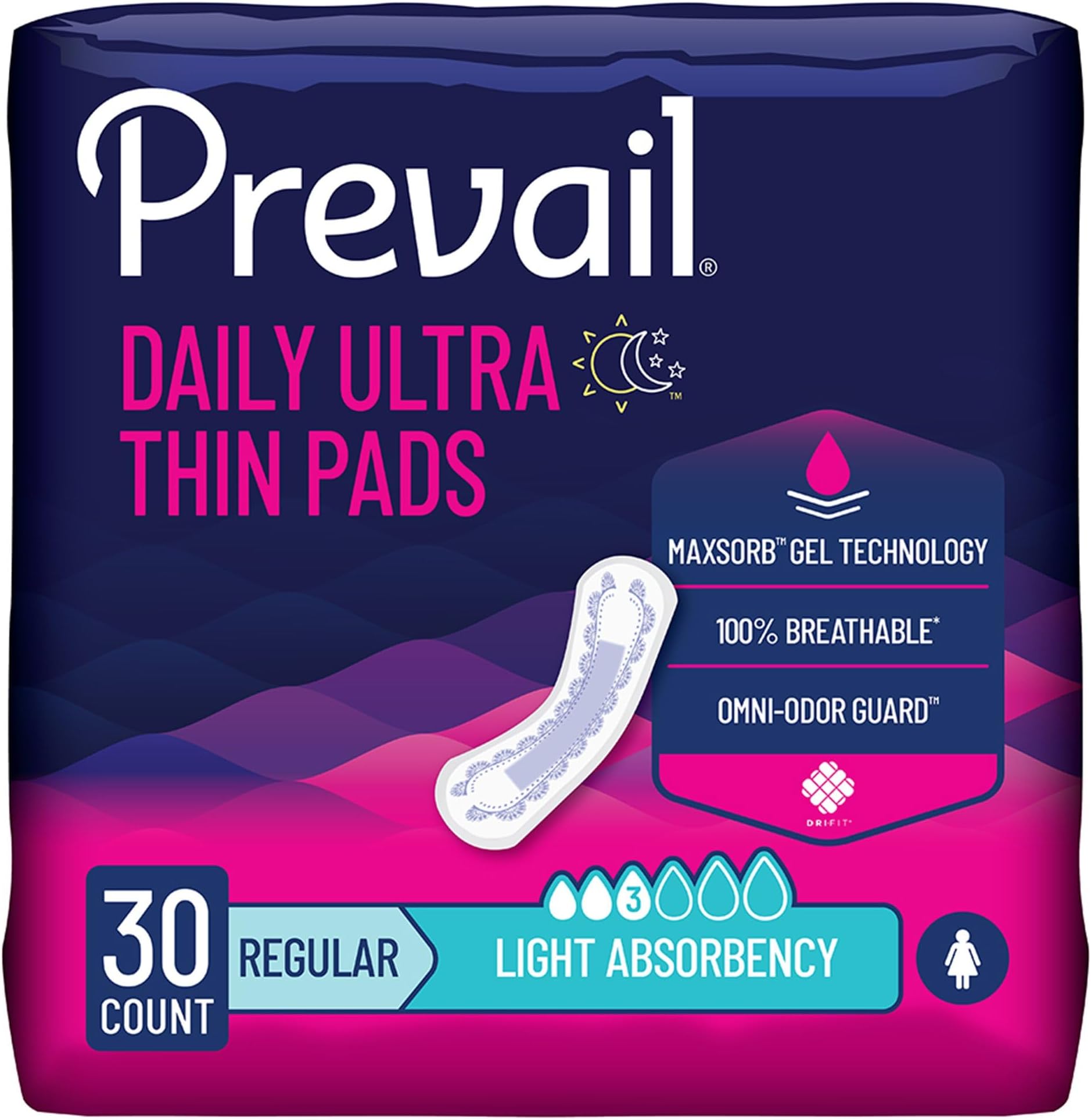Proven - Prevail Incontinence Bladder Control Pads - Bladder Leak Pads - Light Absorbency, Regular, 90 Count (3 Packs of 30)