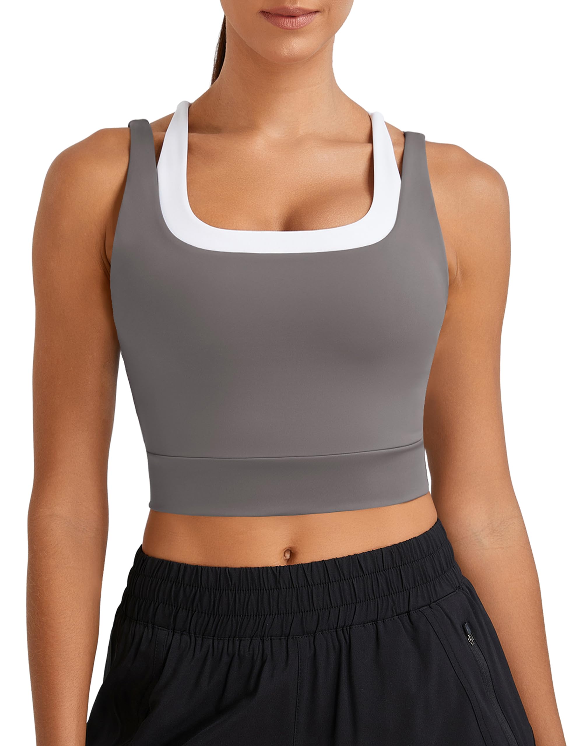 BMJL Womens Built in Bra Tank Tops Black Workout Scoop Neck Racerback Cropped Tops Camisole with Padded