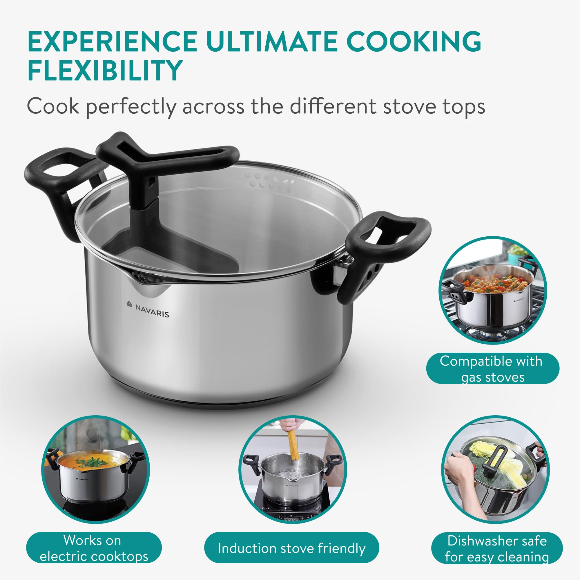 Navaris Pentola per Pasta in Acciaio Inox - Pentolone Induzione Grande - per Diversi Piani di Cottura - per Bollire Pomodori Spaghetti e Brodo - Lavabile in Lavastoviglie - 5,3 L