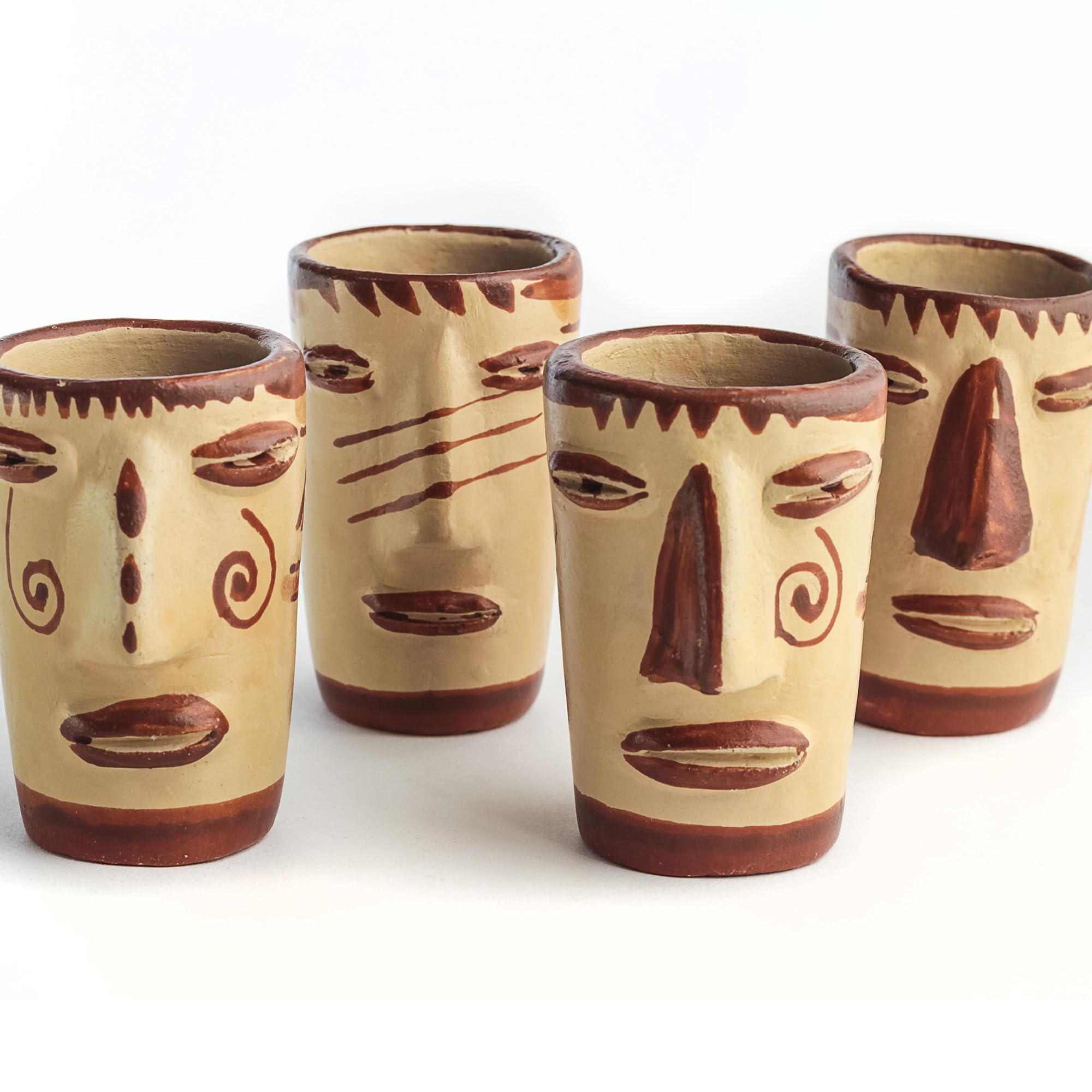 Tequila Shot Glasses - Set of 4 Terracotta Mexican Shot Glasses - 2 Oz - Natural Clay - Barro Canelo - Cantaritos - Mexican Art (Face)