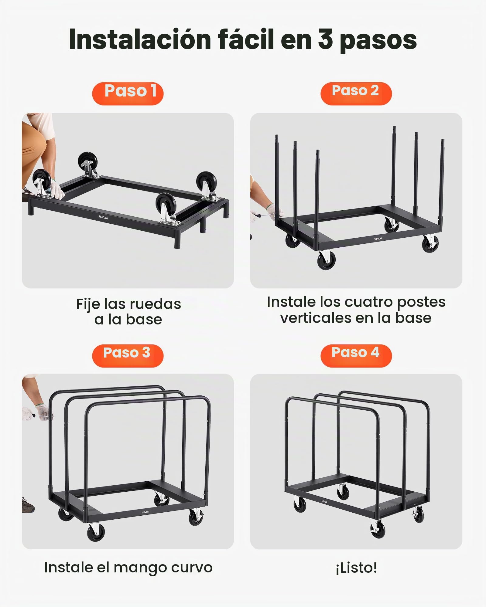 VEVOR Carro Portaplatos Carga 816 kg, con Ruedas Giratorias de 360°, Correa de Amarre y 3 Pasamanos Laterales, Rodillo para Platos, para Fábricas, Almacenes y Garajes, Negro, 955 x 610 x 935 mm