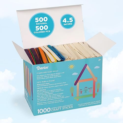 Vista 3 de Darice Palitos de paletas para manualidades, 4.5 pulgadas, 1000 piezas, 500 palitos de madera de colores arcoíris para manualidades, 500 palos