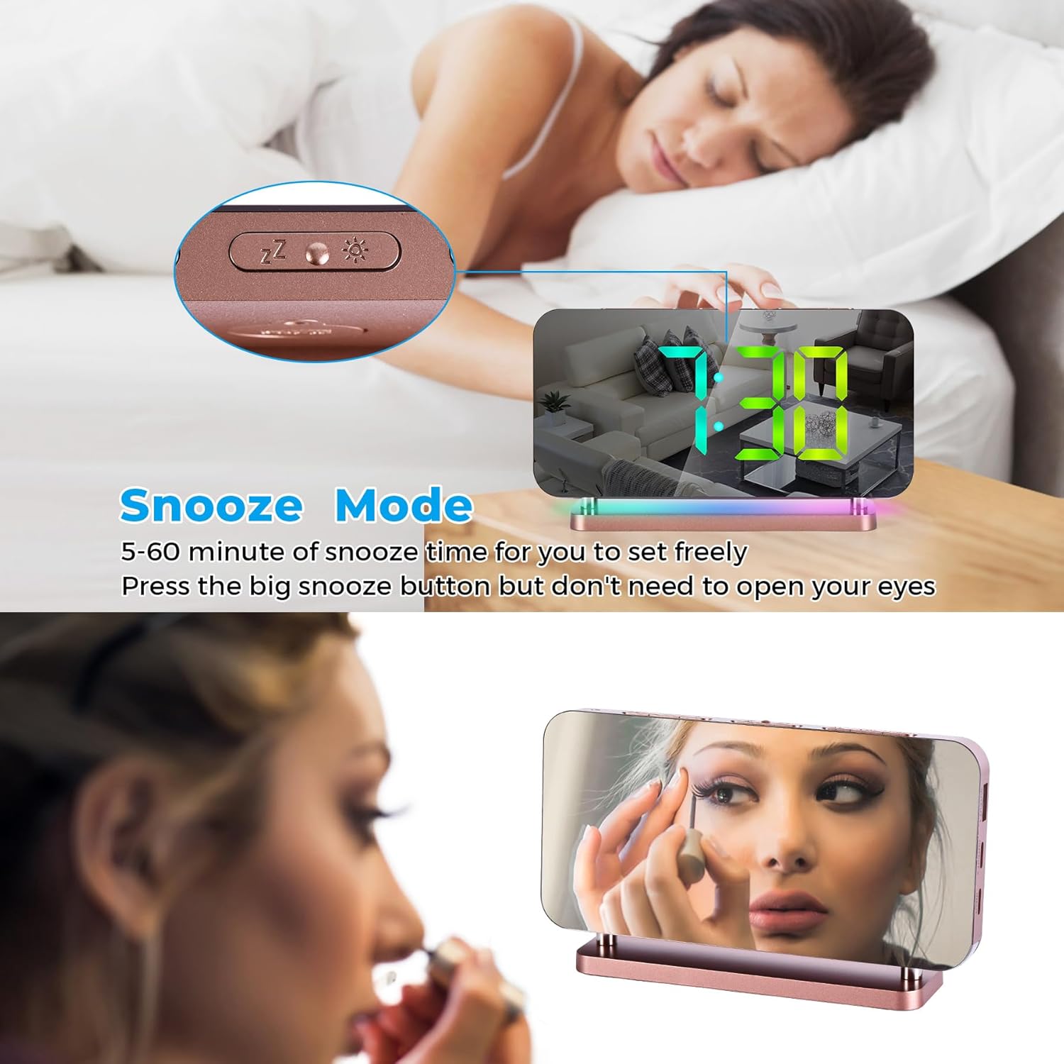SZELAM Digital Alarm Clock showing snooze mode with a sleeping person in the background and a close-up of the snooze button.