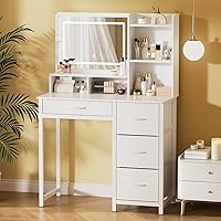 Kitsure White Vanity Desk with LED Mirror Lights, 4 Fabric Drawers & 3 Modes - Sturdy Makeup Table, 35x17x52 Bedroom Station