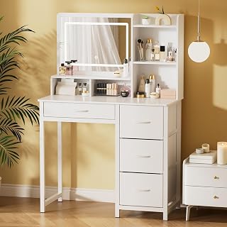 Kitsure White Vanity Desk with LED Mirror Lights, 4 Fabric Drawers & 3 Modes - Sturdy Makeup Table, 35x17x52 Bedroom Station
