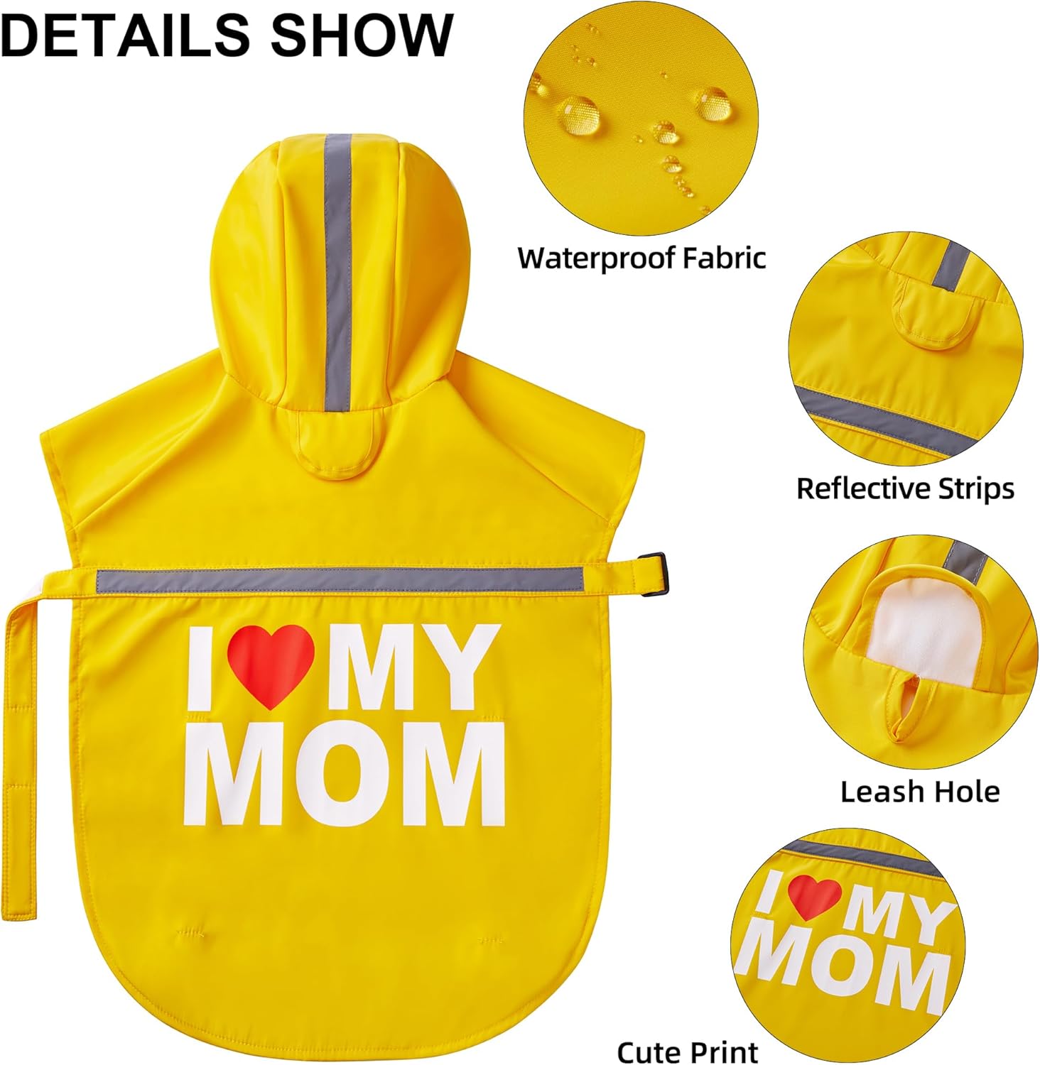 GreenJoy Cute Print Dog Raincoat - Waterproof Rain Jacket with Reflective Strips, Leash Hole, Adjustable for Small to XX-Large Dogs (Yellow, I Love My Mom)
