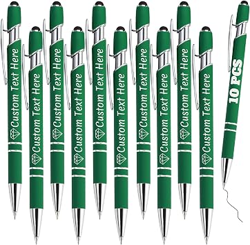 Personalized Pens Bulk 10 with Name Custom Engraving Ballpoint Pens with Stylus Tip Customized Smooth Writing Pens Personalized Gifts for Anniversary Birthday or GraduationDark Green,Black Ink