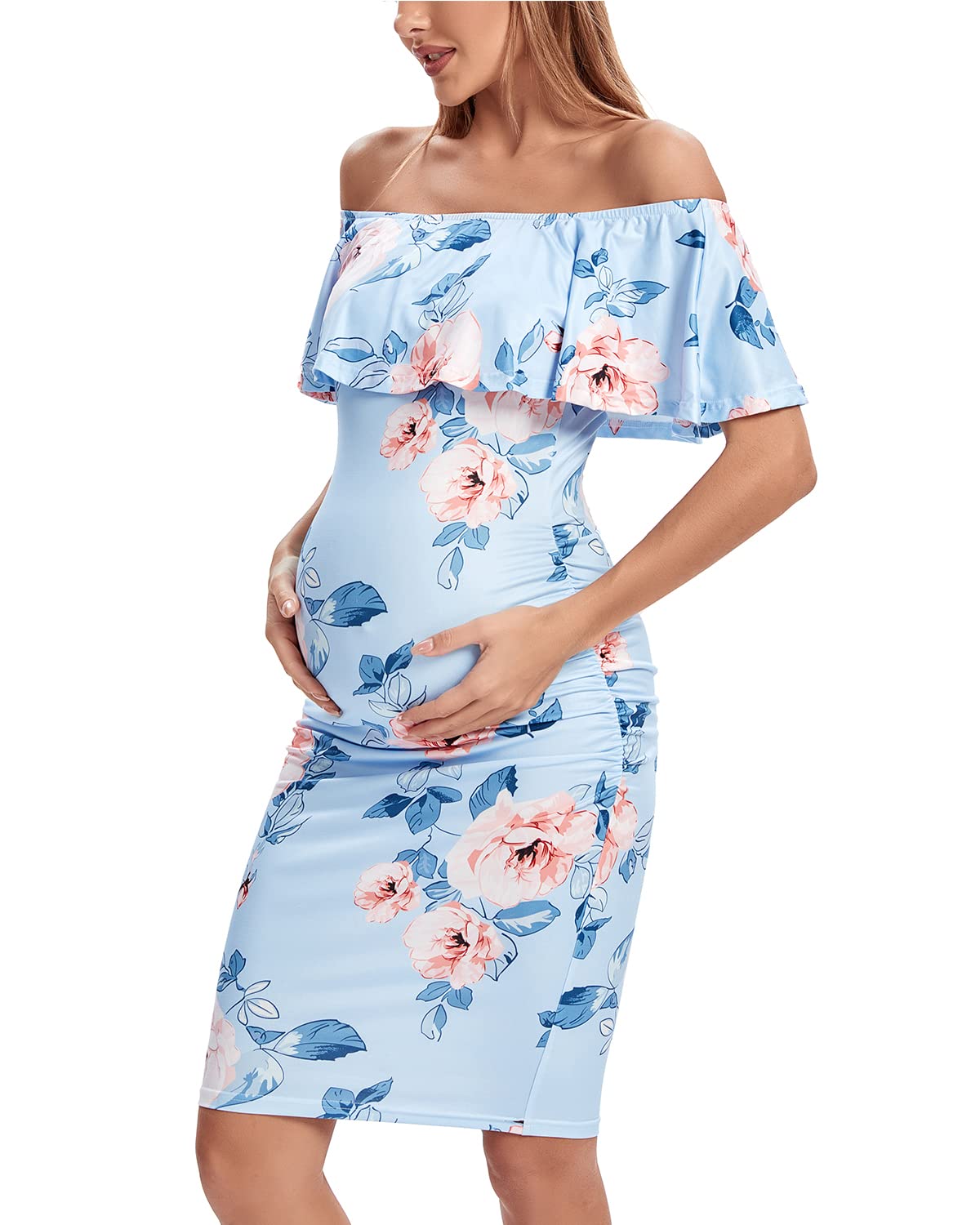 Shen&Qege Umstandskleid Lässig mit Schulterfreiheit, Rüschen, ärmellos, Bodycon, Umstandsmode Sommer