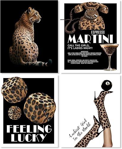 LUKIPOM Juego de 4 impresiones artísticas de pared de barra de leopardo retro Y2K de 8 x 10 pulgadas, juego de 4, botas de tacón alto con estampado