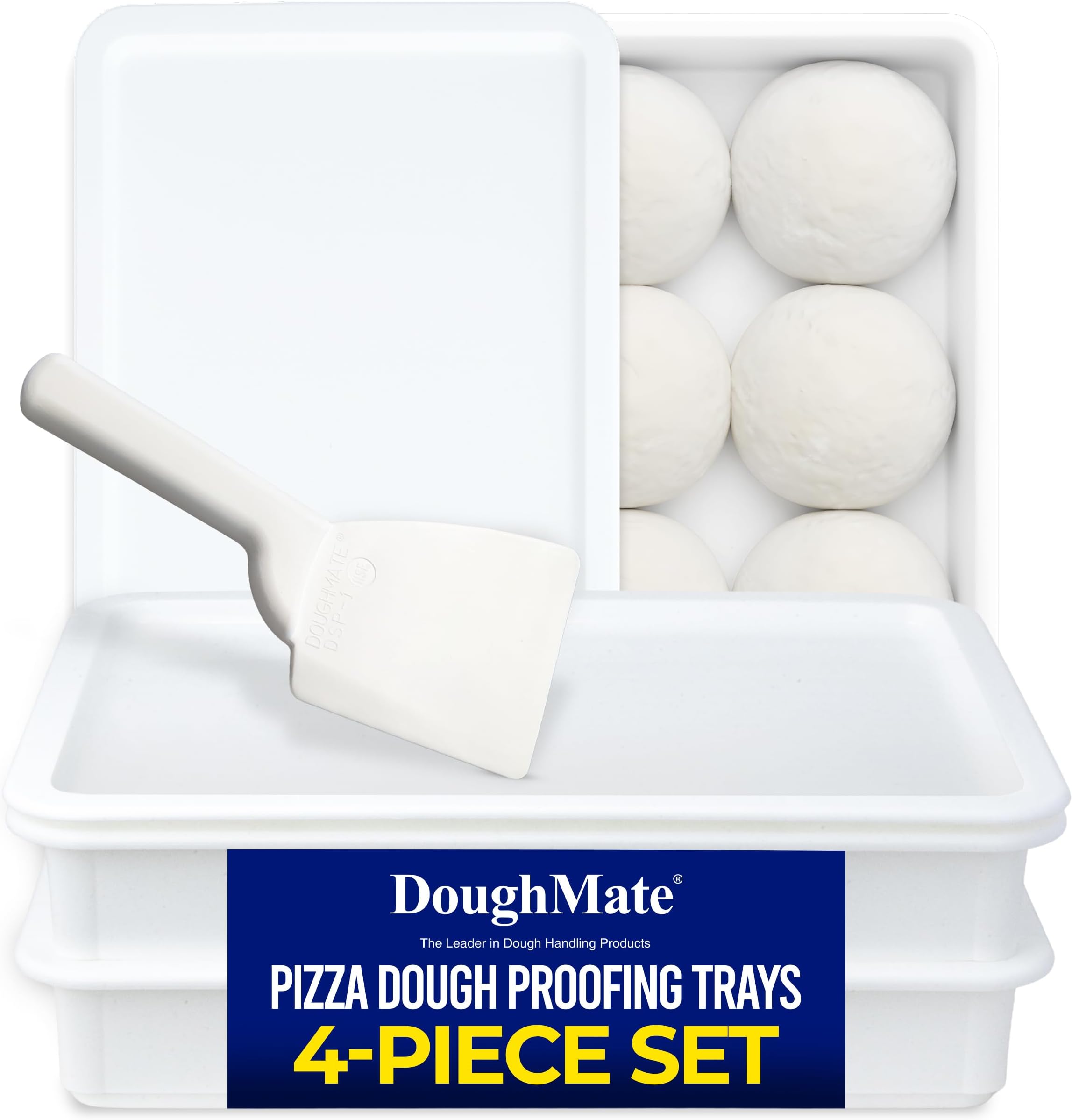 DoughMate® Artisan Kit – 2 Pizza Dough Proofing Trays, 1 Lid, and Dough Scraper – Food Contact Certified, Stackable, Made in USA