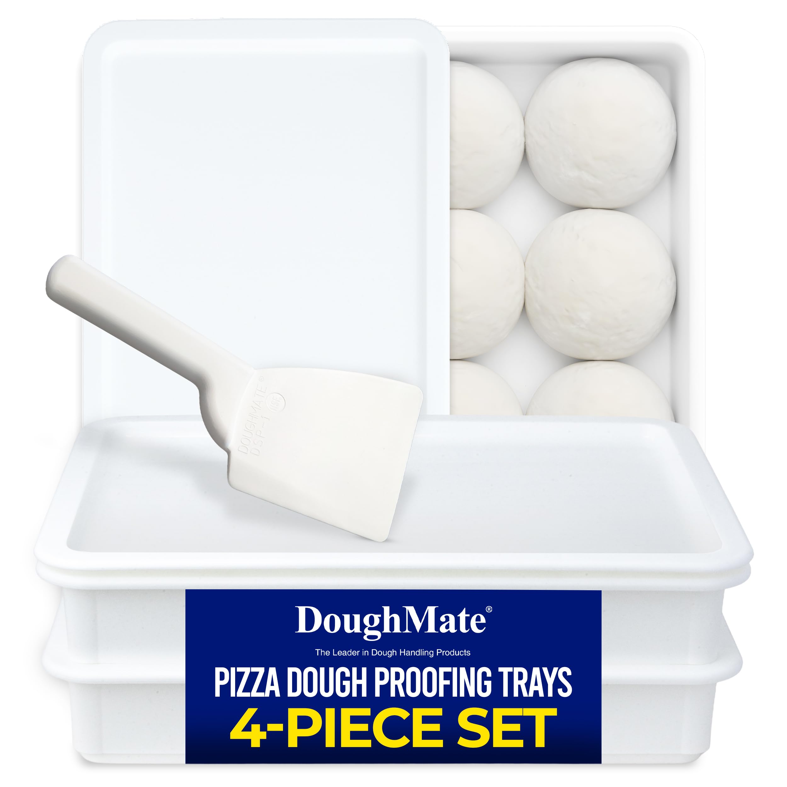 DoughMate® Artisan Kit – 2 Pizza Dough Proofing Trays, 1 Lid, and Dough Scraper – Food Contact Certified, Stackable, Made in USA