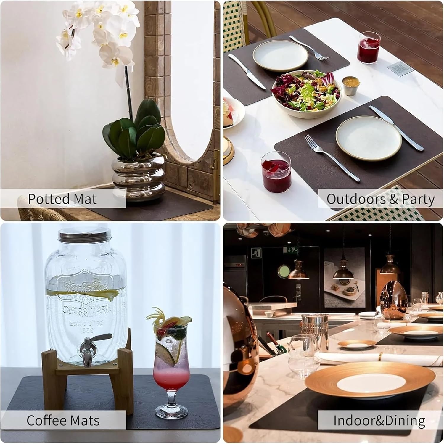 Premium Heatproof Cowhide-Pattern PU Placemats Set Double-Sided Black Coffee,Waterproof & Non-Slip for Stylish Dining Tables Pad(Black Coffee 10 Pcs)