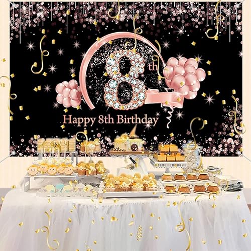Miniatura 5 de Cartel de tela para decoración de cumpleaños número 8 para niñas de 8 años, cartel de tela para fiesta de cumpleaños de niña, fondo de foto negro y