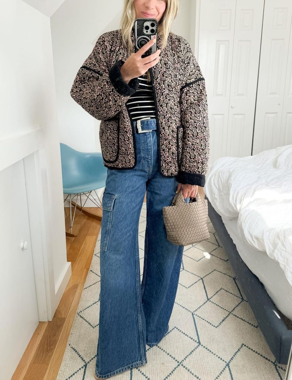 Omoone Women's Cropped Quilted Jacket Floral Printed LightWeight Padded Puffer Cardigan Coat Outwear - Image 3