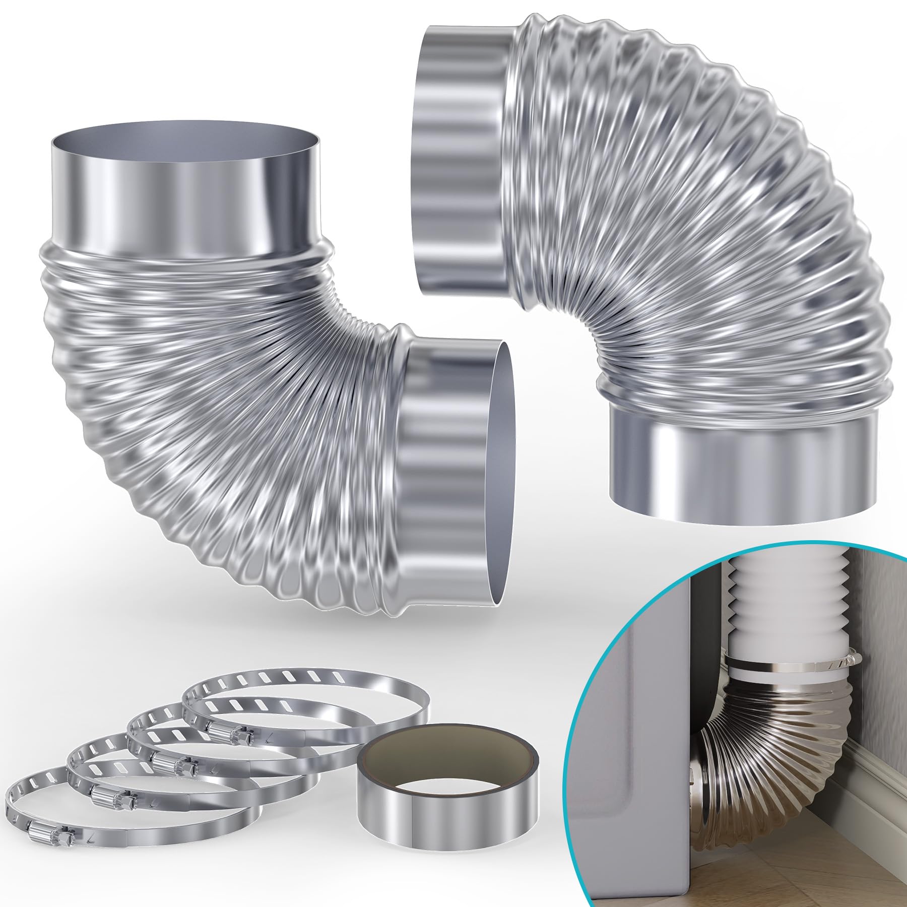 4 Inch 90° Galvanized Dryer Vent Elbow – 2 Pack With Clamps & Foil Tape For Tight Spaces