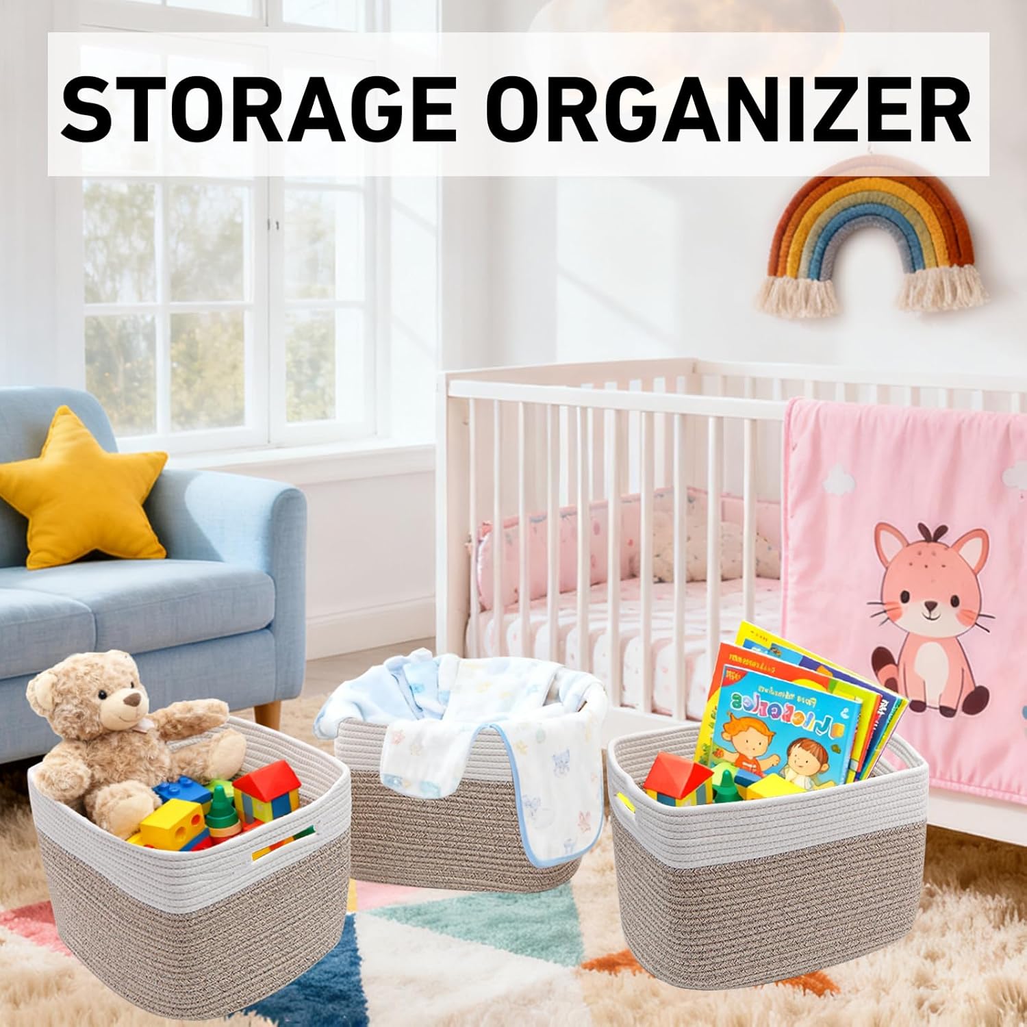 3 Pack Woven Storage Baskets for Shelves,13.5"×11"×9.5"Organizing Bins,Gift Baskets for Toys/Books/Towels/Clothes,Storage box for Nursery,Bedroom&Living Room Home Organization(White&Brown)