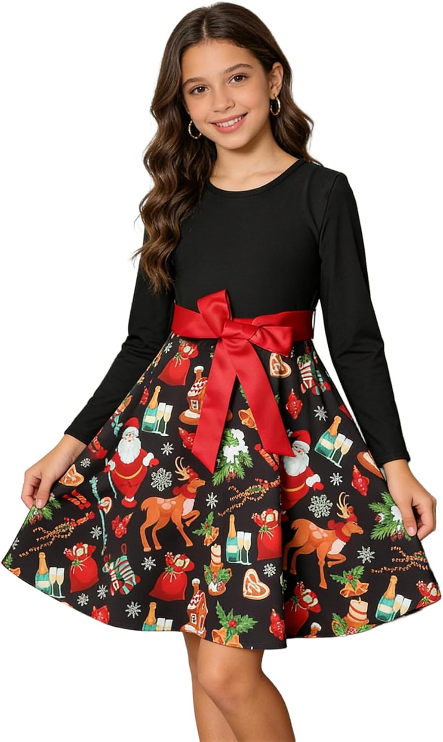 Abaoweddingガールズクリスマスドレス - 長袖サンタプリントホリデーパーティードレス 子供用 ベルト付き