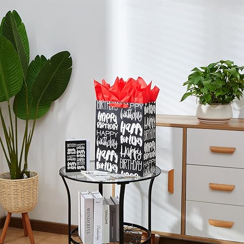 Miniatura 2 de SUNCOLOR Bolsa de regalo de cumpleaños grande negra de 13 pulgadas con papel de seda rojo (feliz cumpleaños)