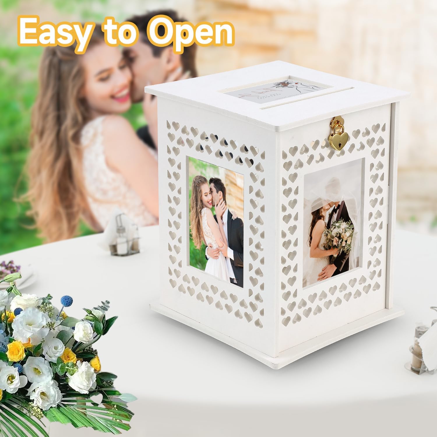 EARTHSON Wedding Card Box with Picture Frame Rotatable Gift Card Box for Wedding Reception, 5”*7” Photo Large Money Envelope Box Holder with Lock for Graduation Party Birthday Baby Shower