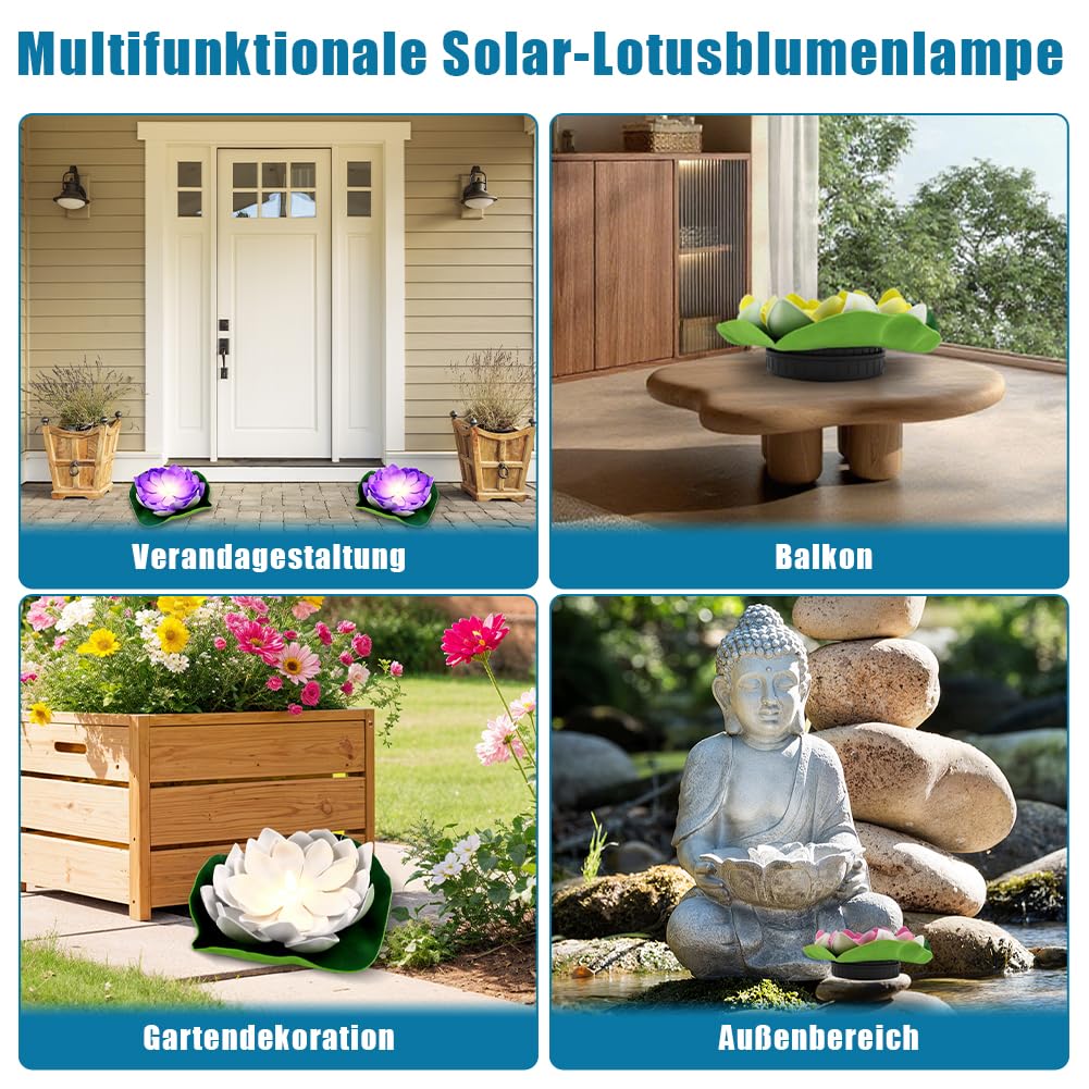 Aohcae 4 Stück Schwimmende Lotuslichter, Wasserdichte Solar Lotusblüte, Seerosen Künstlich Solar für Garten Hof, Schwimmbad, Brunnen und Aquarien