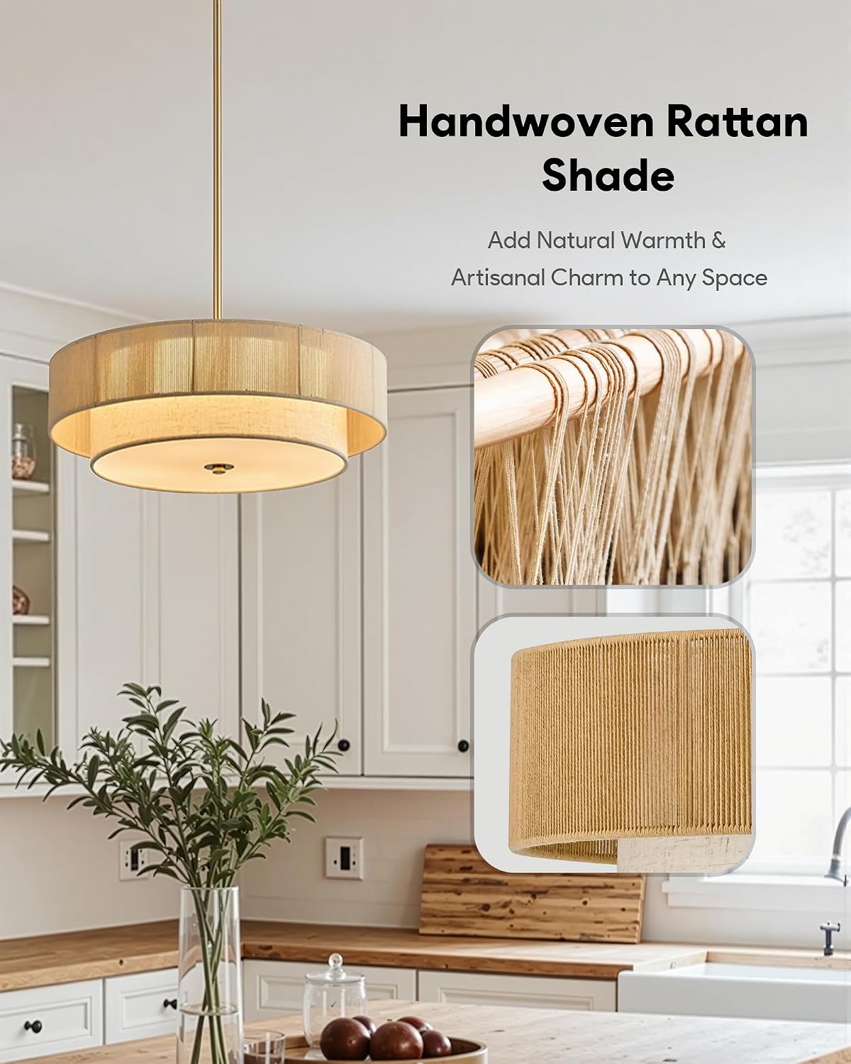 VONLUCE 17.7" Boho Rattan Chandelier, 4-Light Drum Chandelier with 2-Tier Woven Rattan Ceiling Light for Dining Room Bedroom Living Room with E26 Sockets, Nickel Finish, ETL Certified