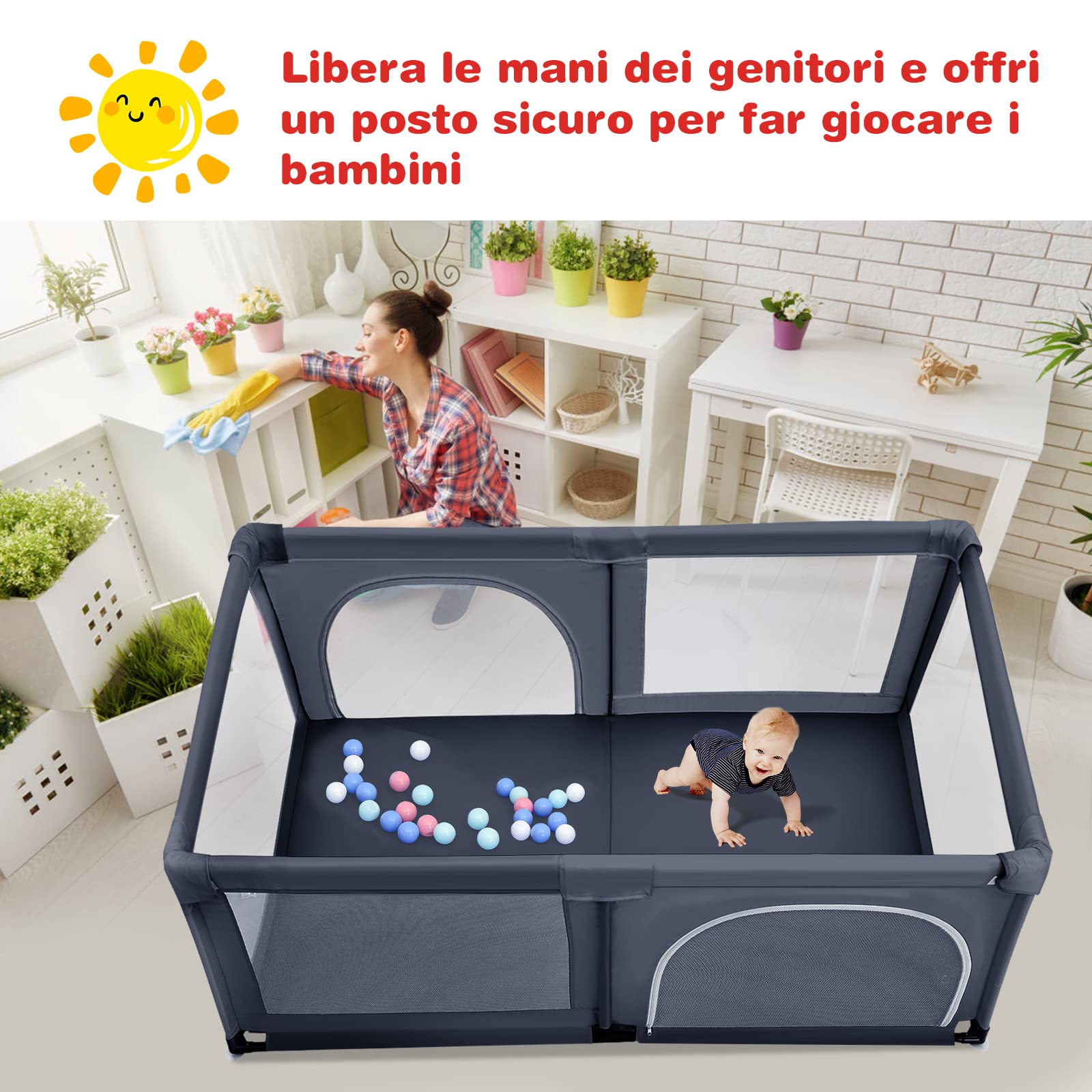 COSTWAY Box per Bambini, Centro Attività Portatile e Sicuro per Bambini, Box Colorato con Cancello, Recinto Extra per Interno ed Esterno con Rete Traspirante Durevole (Grigio scuro)
