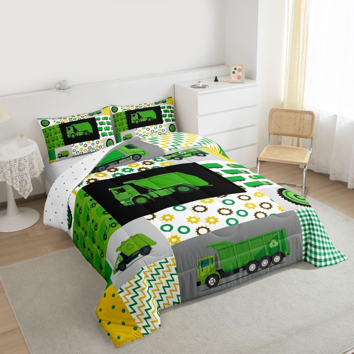 Feelyou Green Garbage Truck Comforter Powered Waste Management Recycling Bed n Bedding Set Cartoon Garbage Truck Duvet Set Quilt Set Queen Size