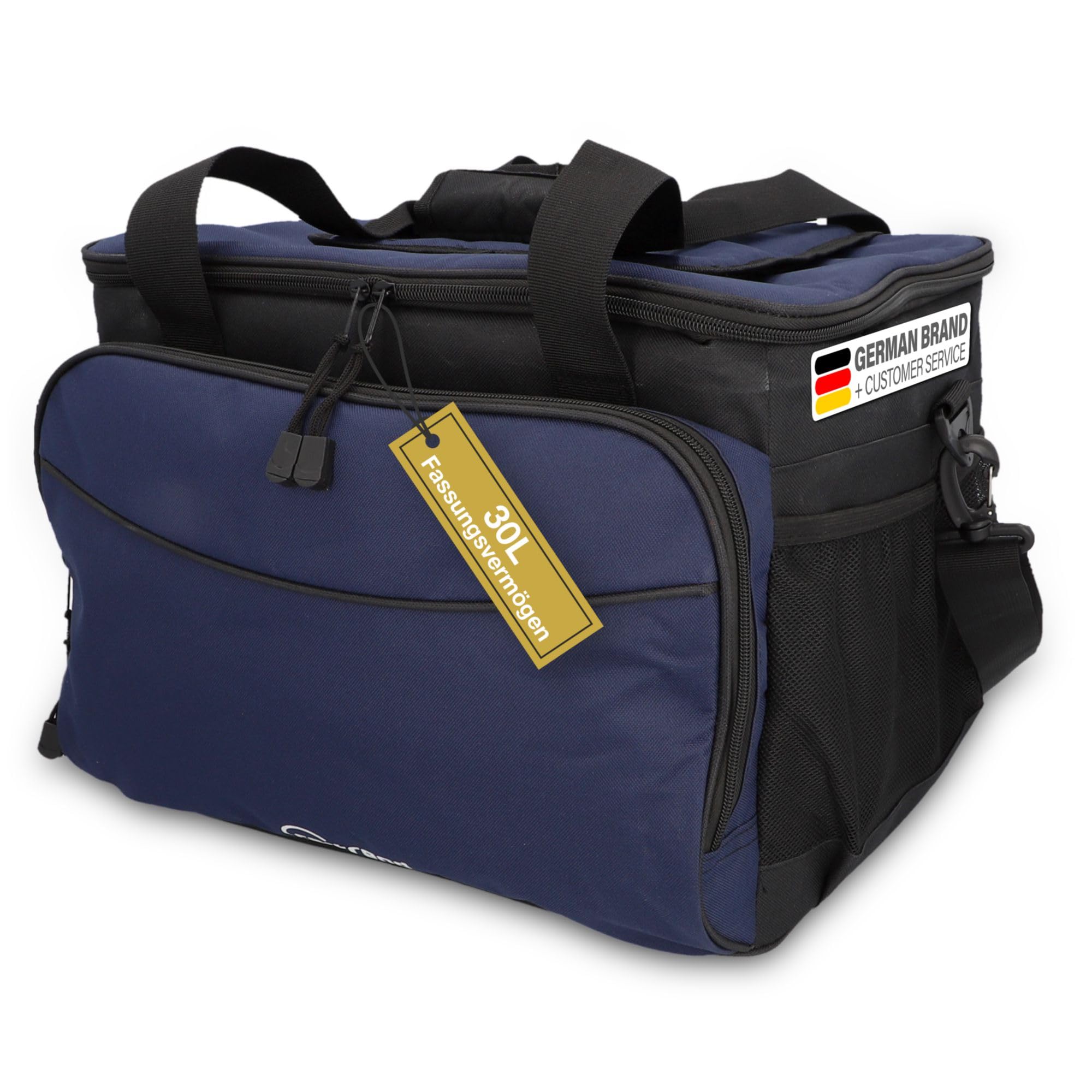 cartrend Kühltasche 30 L, mit 12V KFZ-Anschlusskabel 1,50 m lang, Verstellbarer Schultergurt, große Fronttasche mit Reißverschluss und 2 seitliche Netze, Pflegeleichte Innenbeschichtung