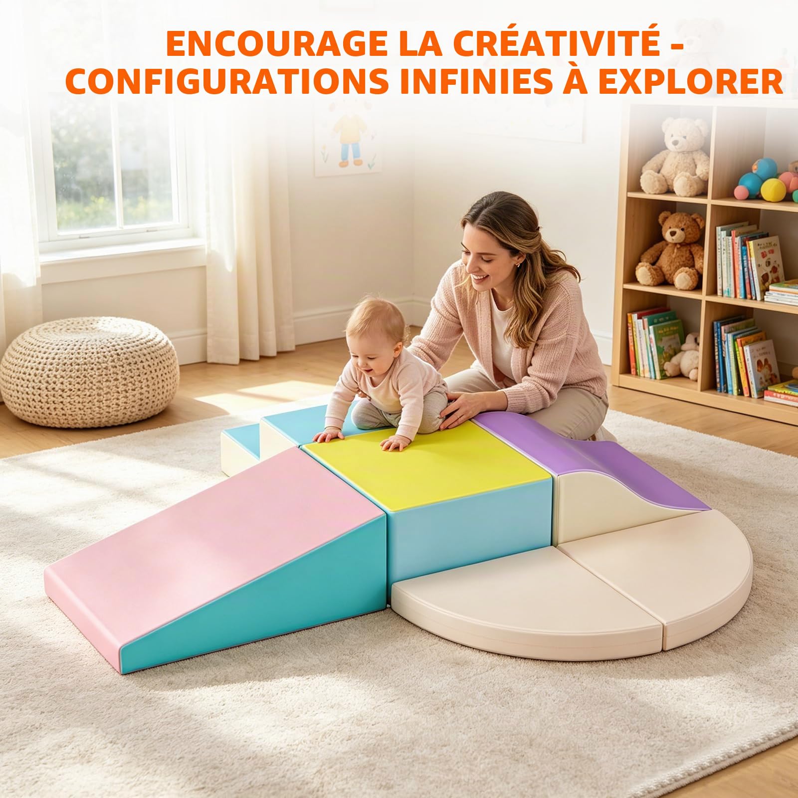 Parcours motricité bébé,6 Pièces Module Motricité Enfant Cuir PU Blocs Mousse Éducatifs - EPE Jouets Descalade Bébé Structure d'escalade Antidérapante (Macarons)