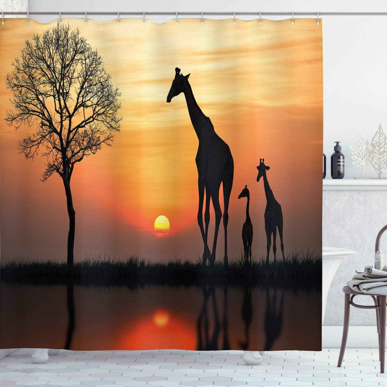 Ambesonne Africa Shower Curtain, Giraffes on Bushes by The Lake Surface Horizon in The Middle of Nowhere Image, Cloth Fabric Bathroom Decor Set with Hooks, 69" W x 75" L, Orange Black