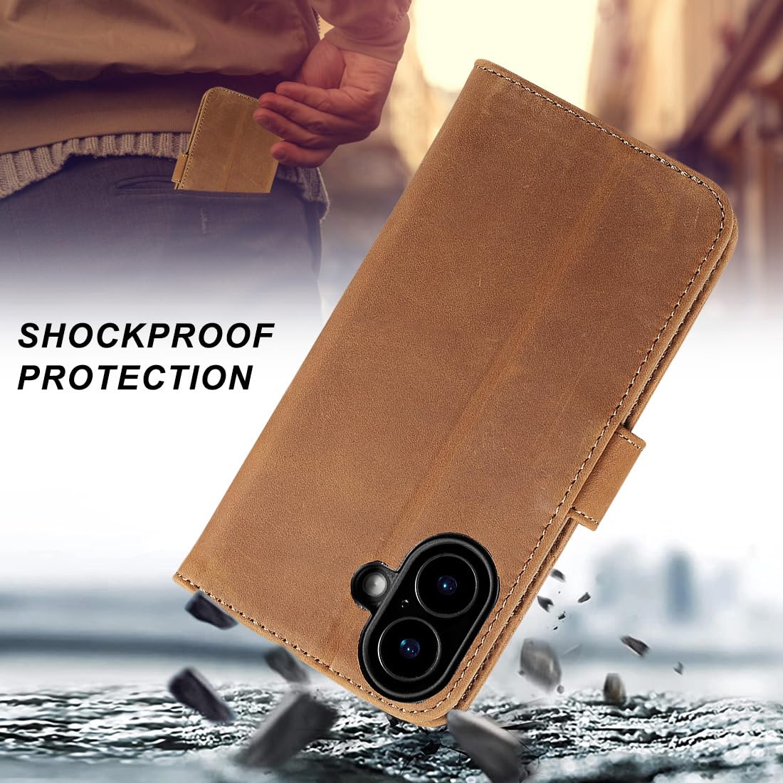 MOBYDEFEND Luxe Leren Wallet Bookcase Geschikt voor iPhone 17 Pro Max Telefoonhoesje Bruin